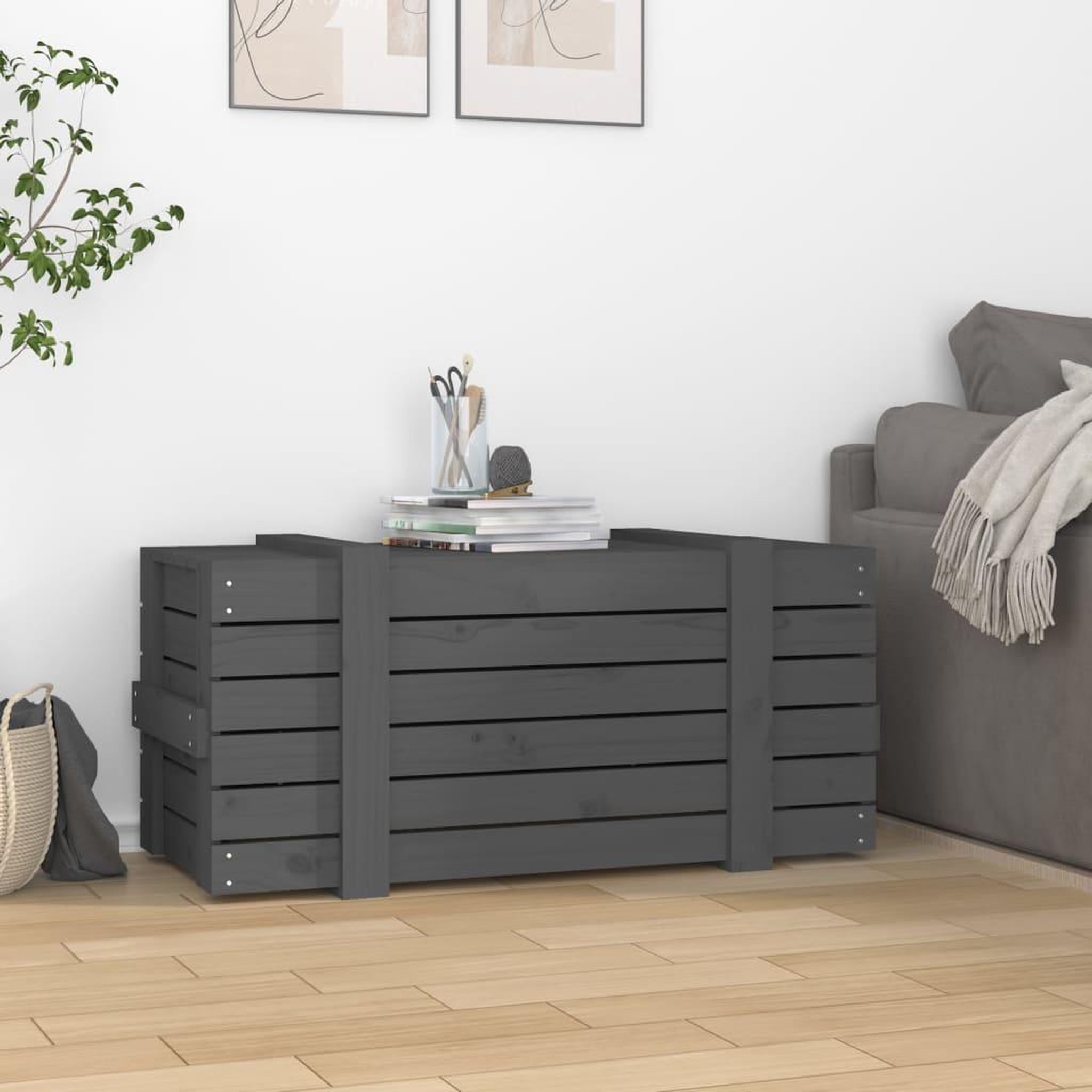 Voir la diapositive 3 : VIDAXL Boîte de rangement Gris 91x40,5x42 cm Bois massif de pin