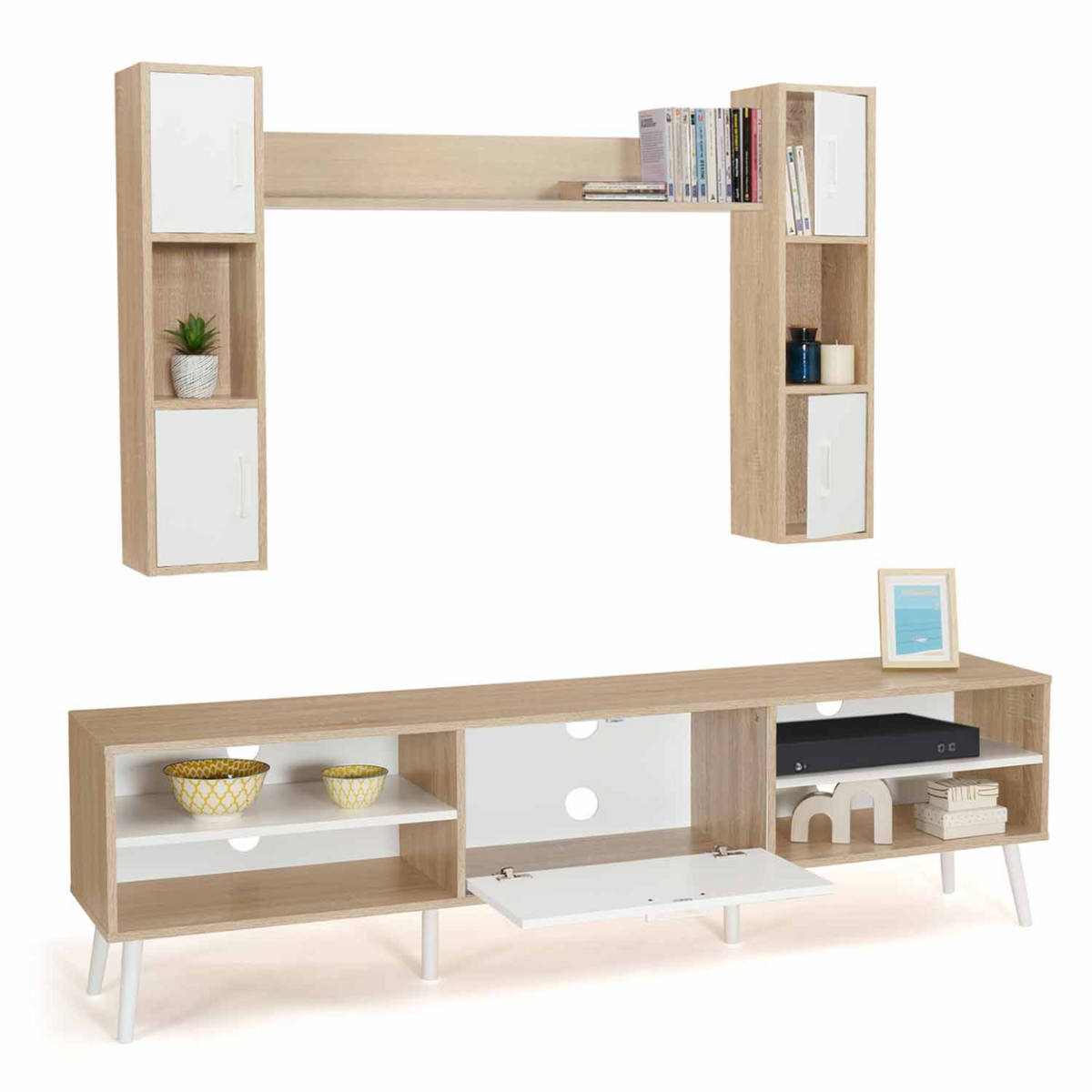 ID MARKET Ensemble meuble TV 180 cm et étagères HOUSTON bois et blanc