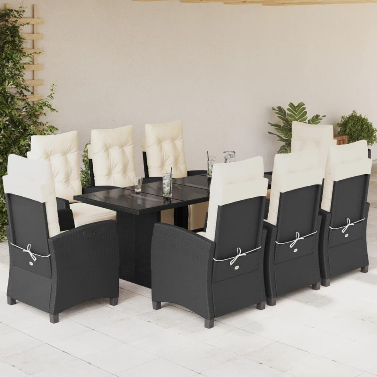 VIDAXL Ensemble a manger de jardin 9pcs coussins noir resine tressee
