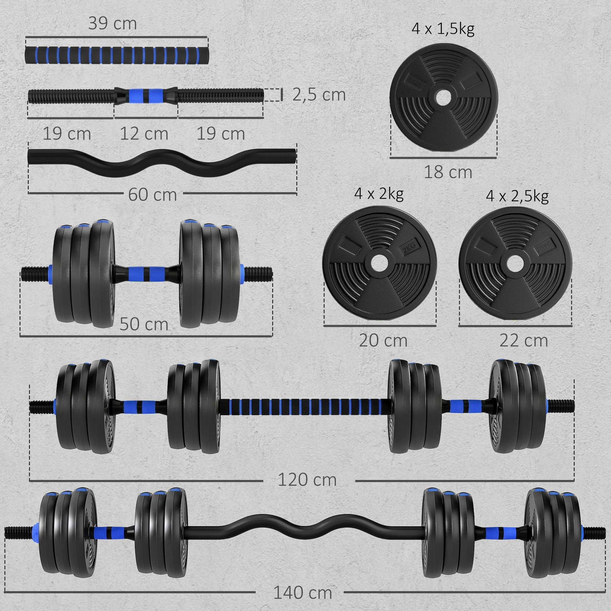 Voir la diapositive 3 : HOMCOM Ensemble d'haltères musculation multifonction 3 en 1 - haltères, olympic barre, curl ez barre - total 25kg - pvc bleu noir