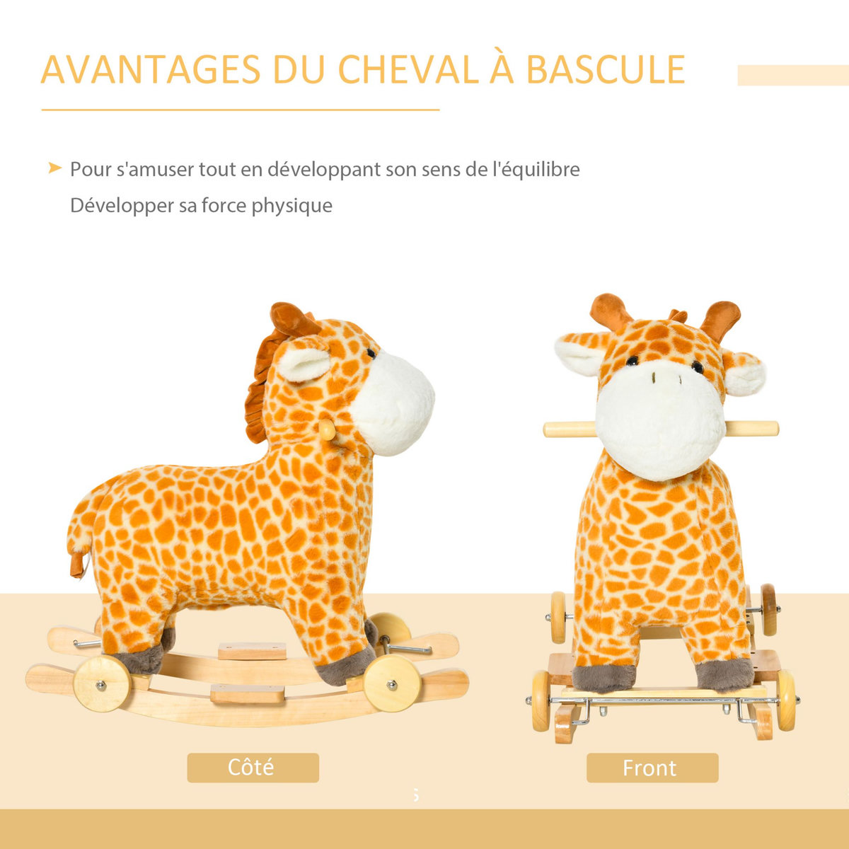 HOMCOM Jouet à bascule girafe et porteur sur roulettes 2 en 1 fonction sonore mugissement  bois peuplier peluche courte polyester tacheté