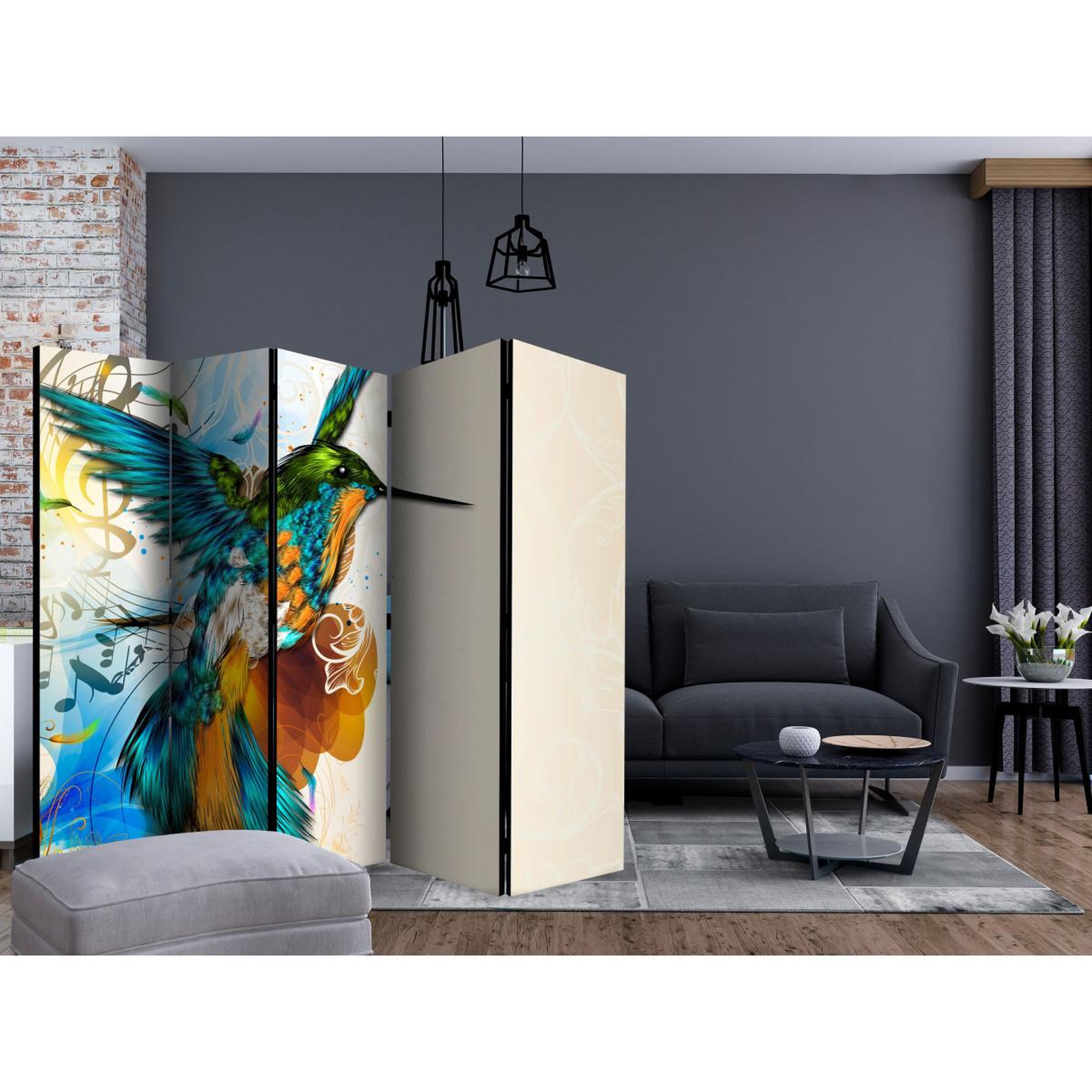Voir la diapositive 2 : Paris Prix Paravent 5 volets  bird's music  172x225cm