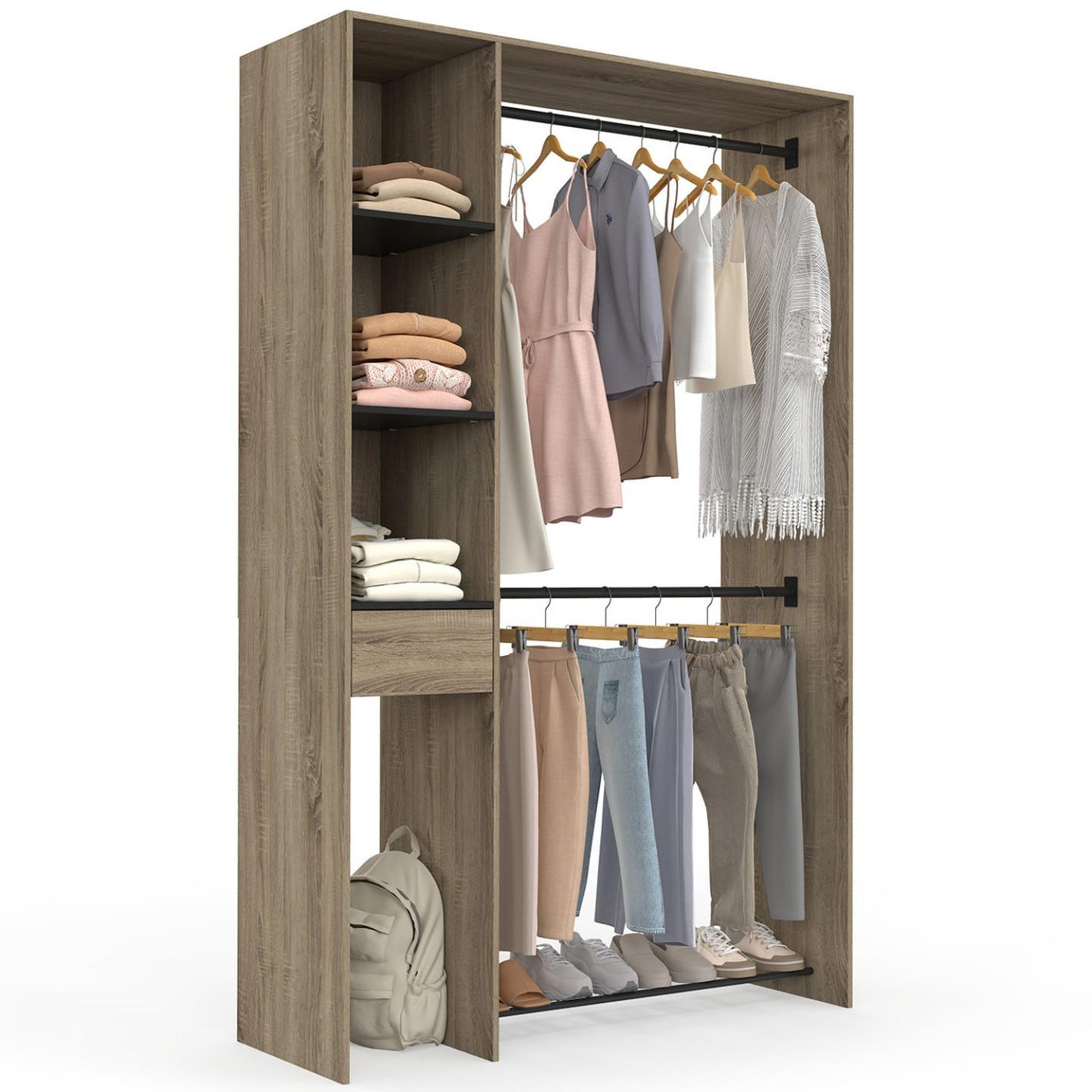 ID MARKET Dressing double penderie l. 110 cm mirty avec étagères + tiroir + rangements à chaussures hêtre et noir
