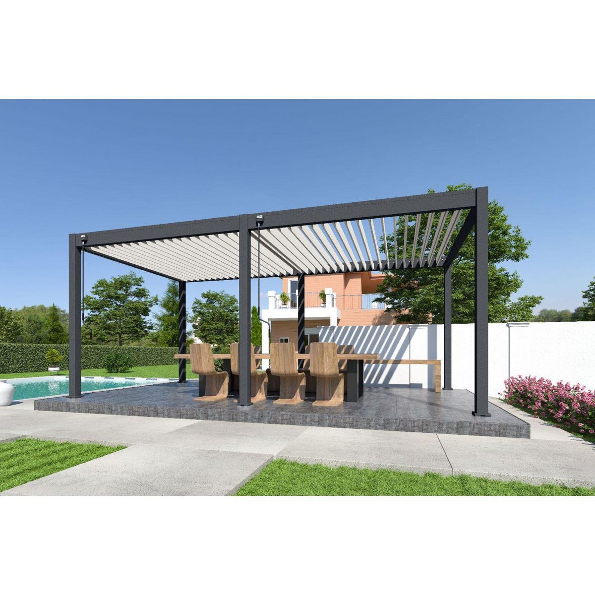 Pergola Bioclimatique autoportée 3x6 m - Aluminium Anthracite/blanc -  VS OmBREA®