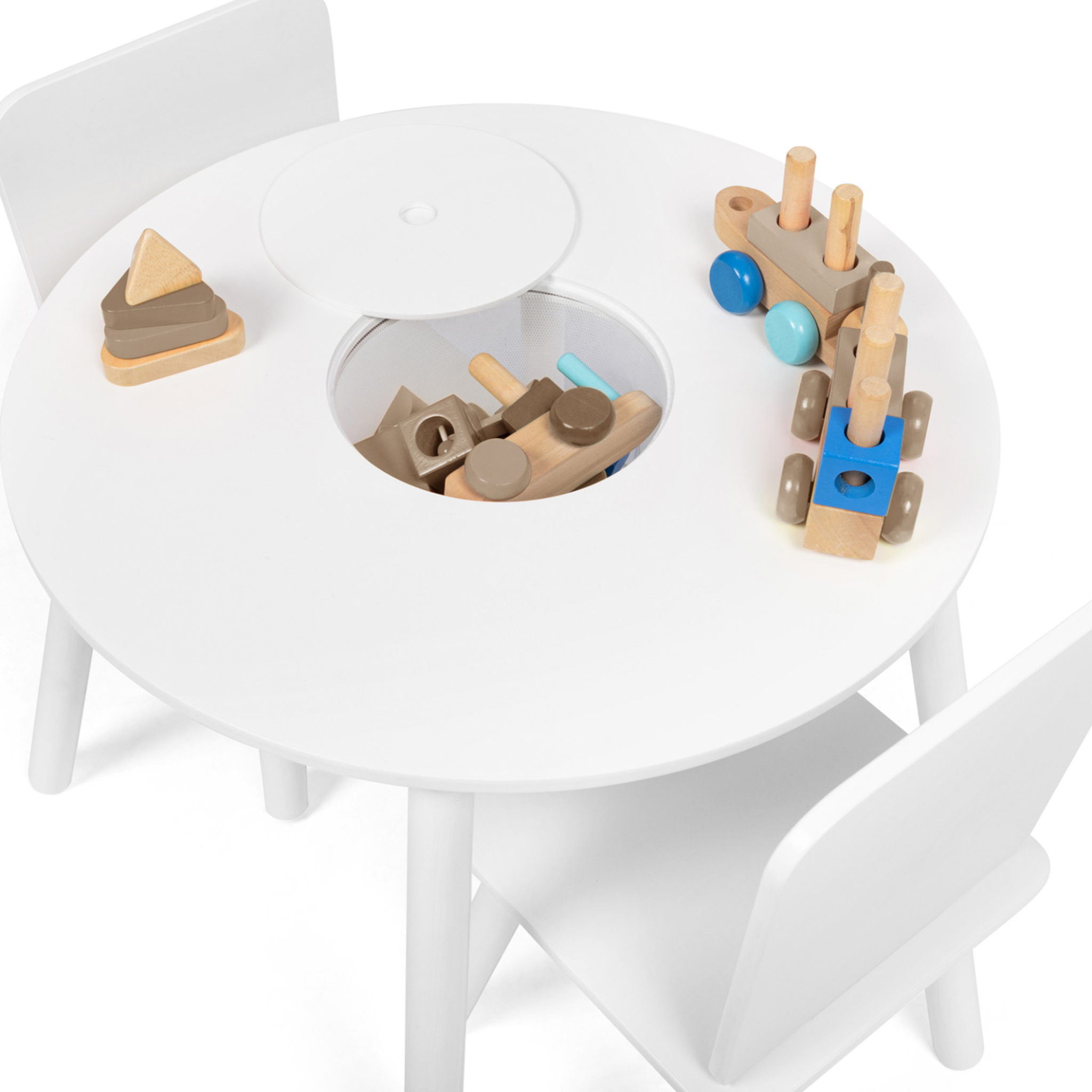 Voir la diapositive 3 : ID MARKET Table + 2 chaises enfant candice avec espace de rangement en bois blanc