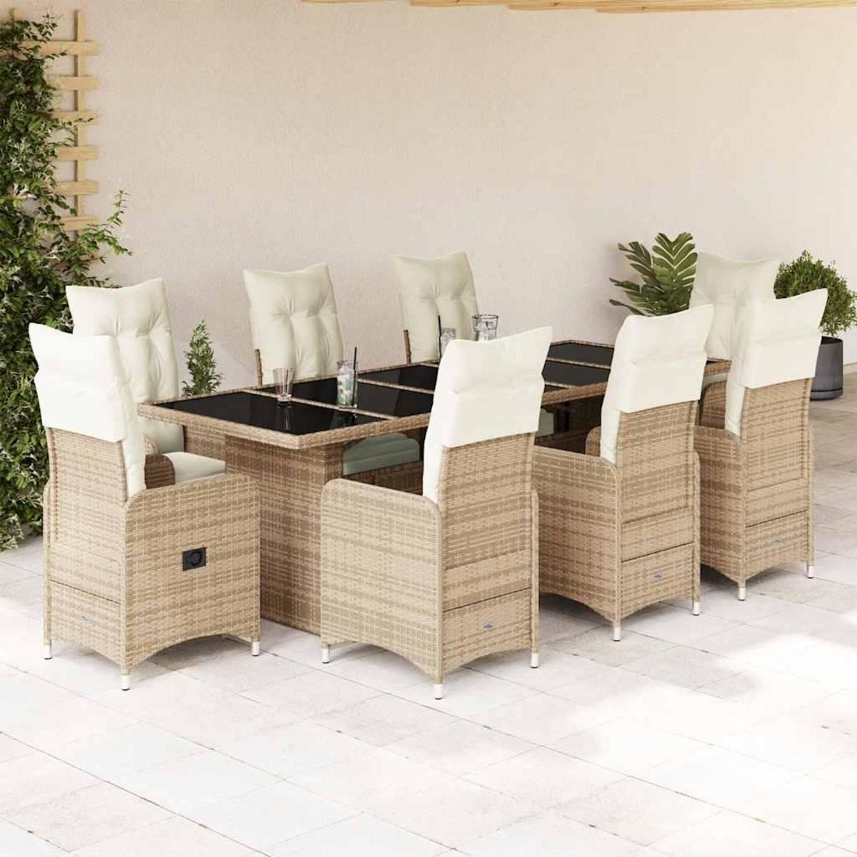 VIDAXL Ensemble de bistro de jardin 9 pcs coussins beige poly rotin