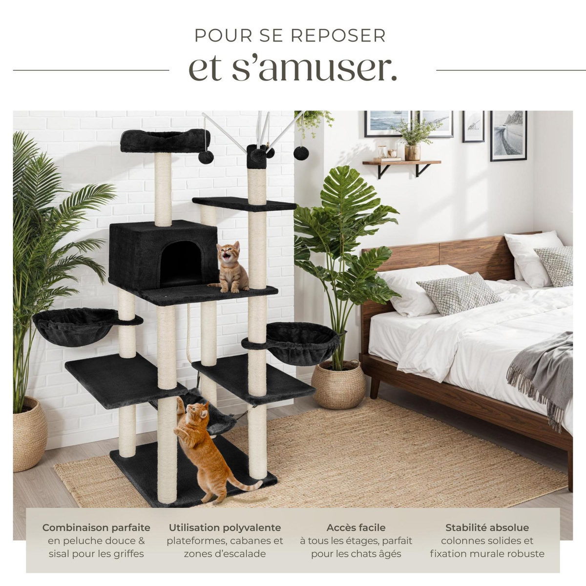 tectake Arbre à chat 165 cm avec griffoir et plateforme d'escalade noir