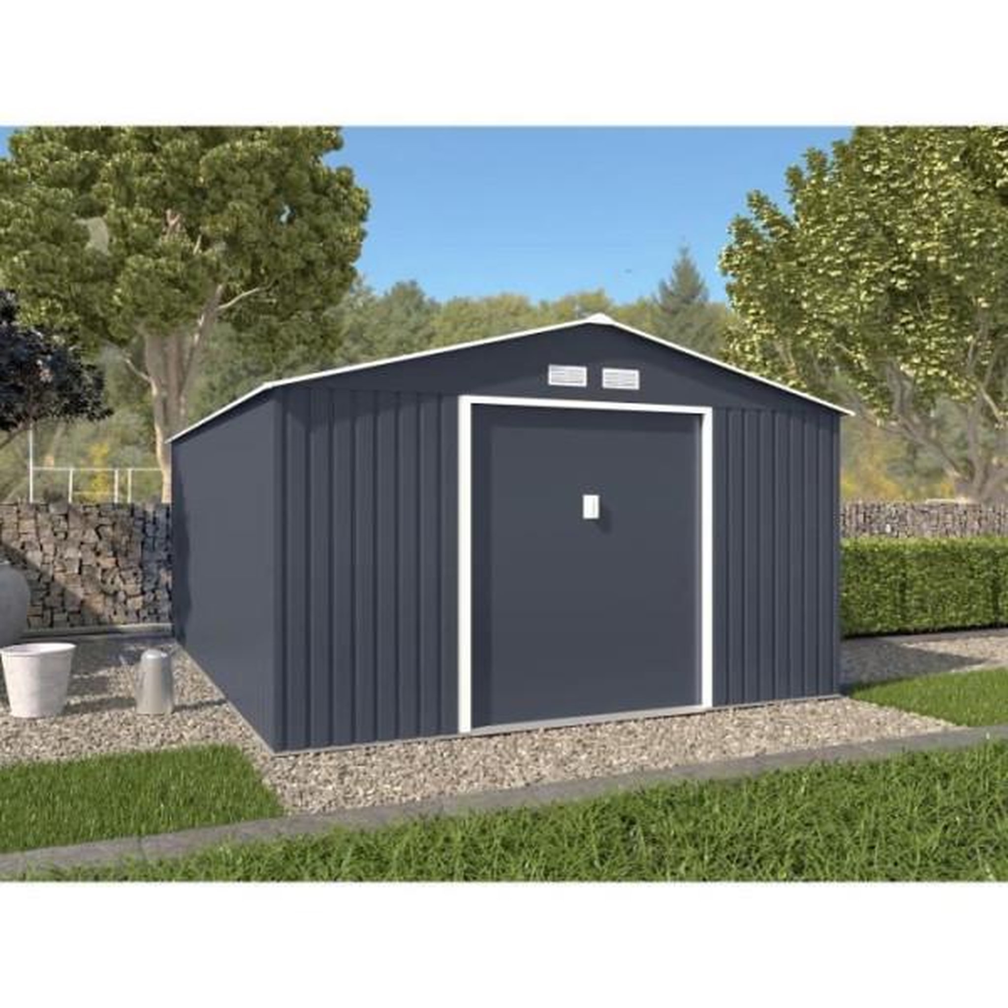 Voir la diapositive 2 : MARKET24 SATURNE Abri de jardin en métal 15,16 m² - 340 x 446 x 210 - Kit d'ancrage inclus, 2 portes coulissantes - Gris