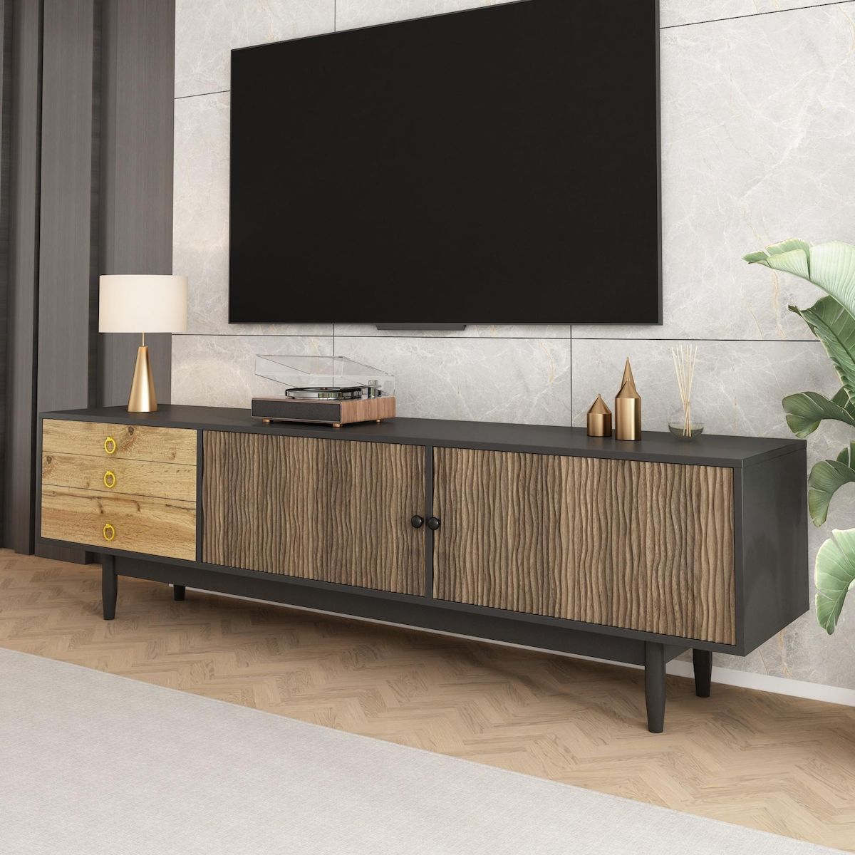 MERAX Meuble tv noir+naturel 180 cm mdf