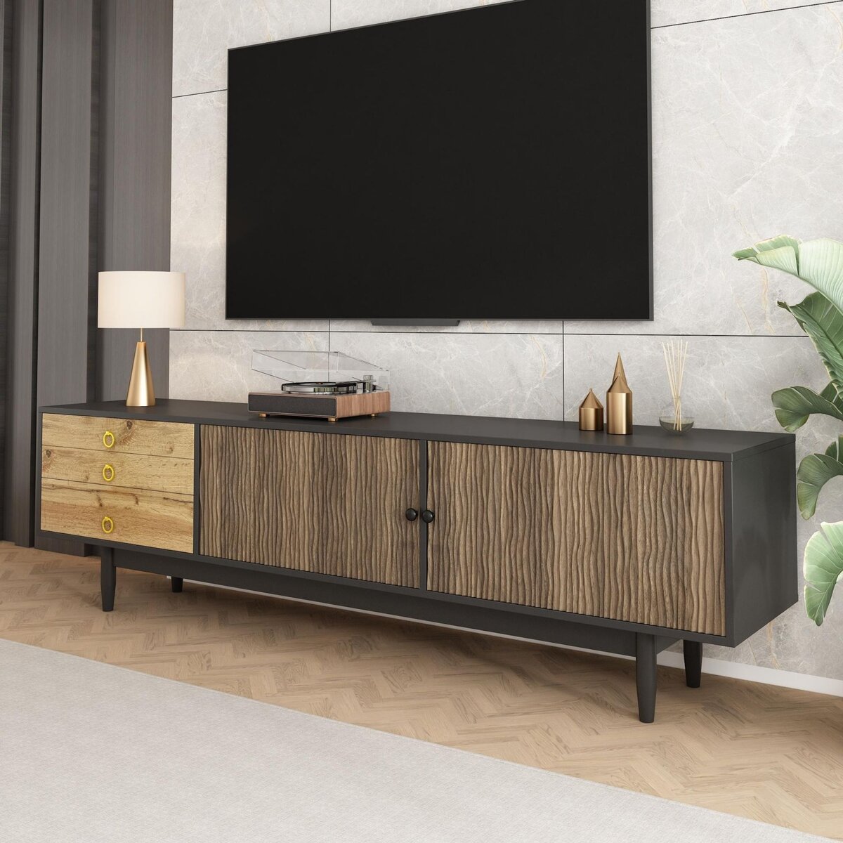 MERAX Meuble tv noir+naturel 180 cm mdf