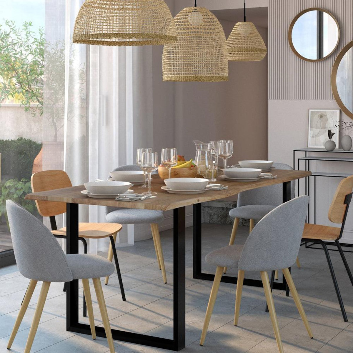 Rendez vous déco Lot de 2 chaises en tissu bleu et pieds en métal effet bois - Cozy