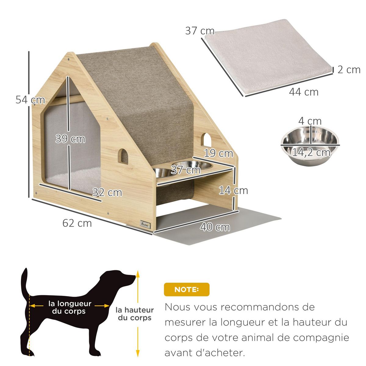 PAWHUT Niche d'intérieur pour chien et chat design avec 2 gamelles et coussin amovible MDF aspect bois clair tissu brun clair