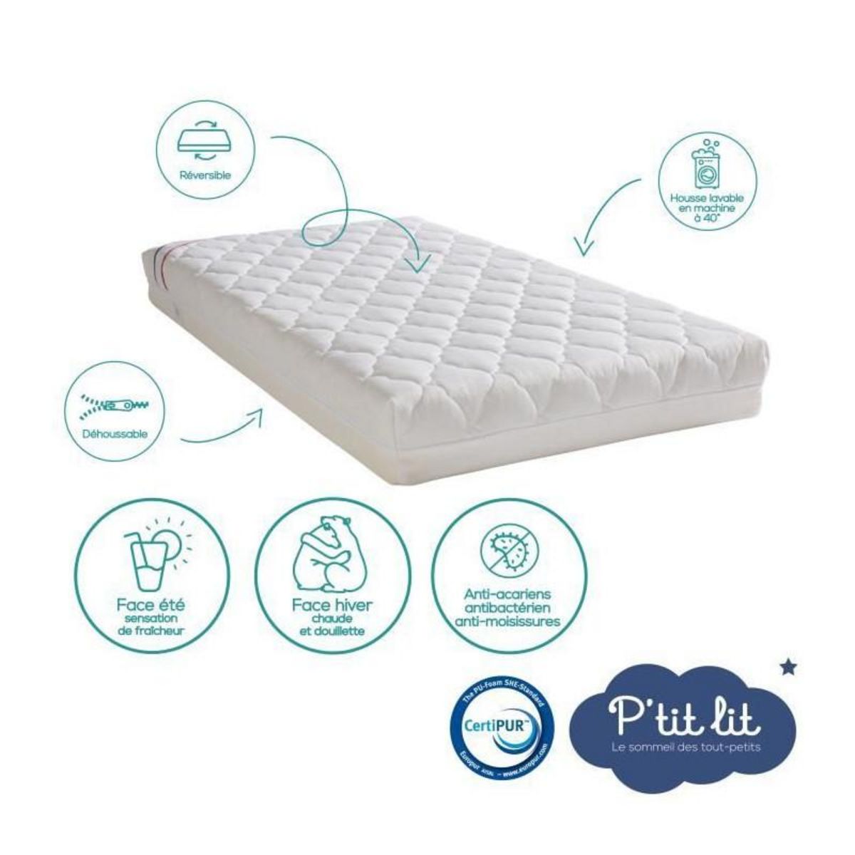 P'TIT LIT Matelas Bébé Climatisé - 70x140x10 cm - Reversible - Déhoussable - Anti Acarien - Fabrication Française