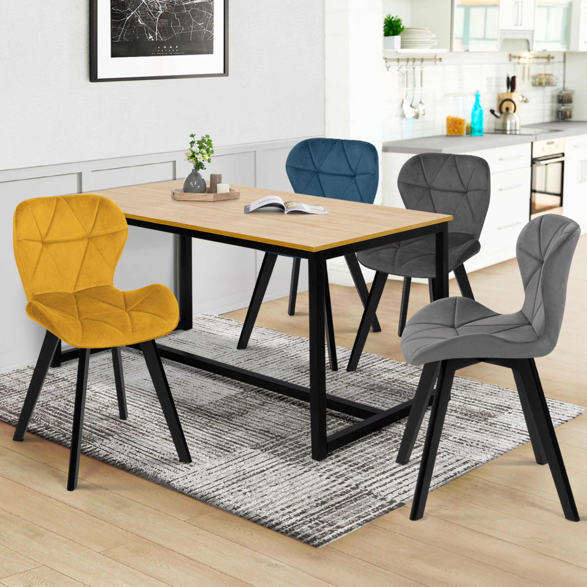 Voir la diapositive 2 : ID MARKET Lot de 4 chaises robine en velours mix color bleu, gris foncé, gris clair et jaune