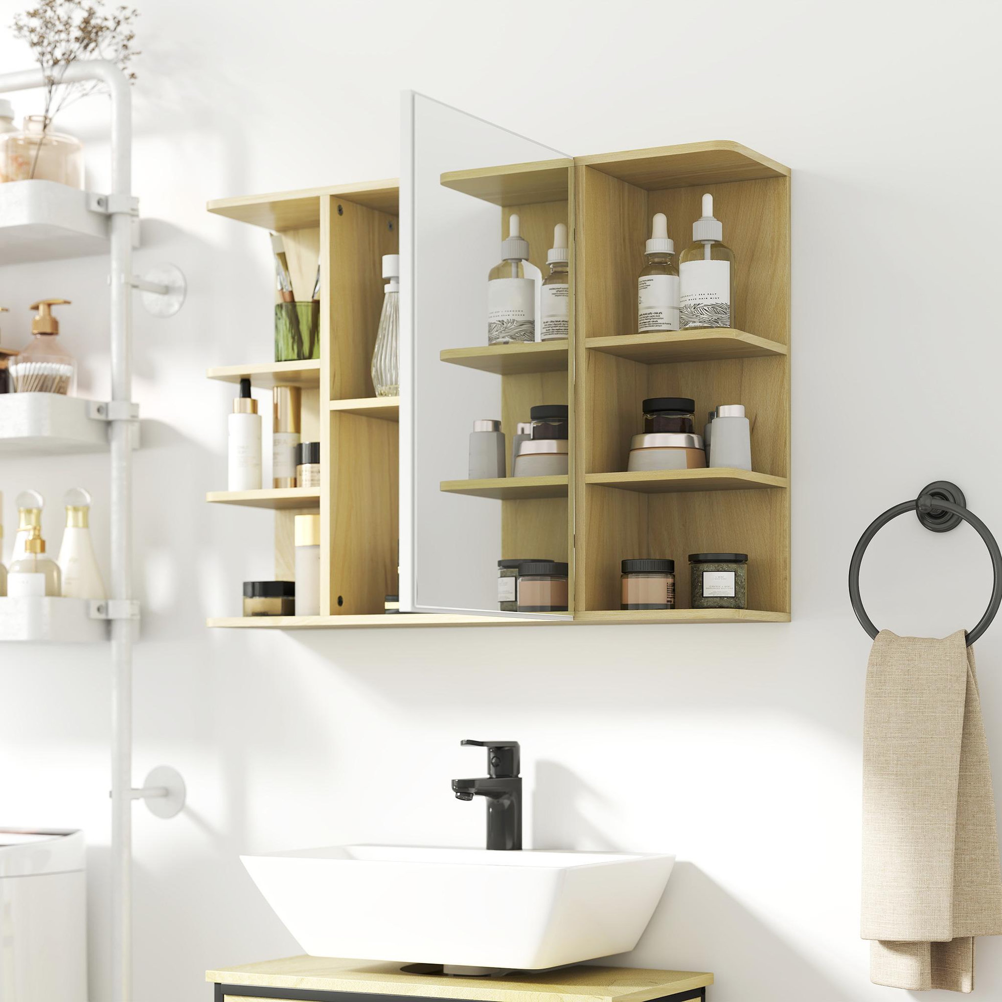 Voir la diapositive 4 : HOMCOM Armoire miroir murale salle de bain - porte, étagère, 2x3 tablettes latérales - 80 x 20 x 59 cm - effet bois clair