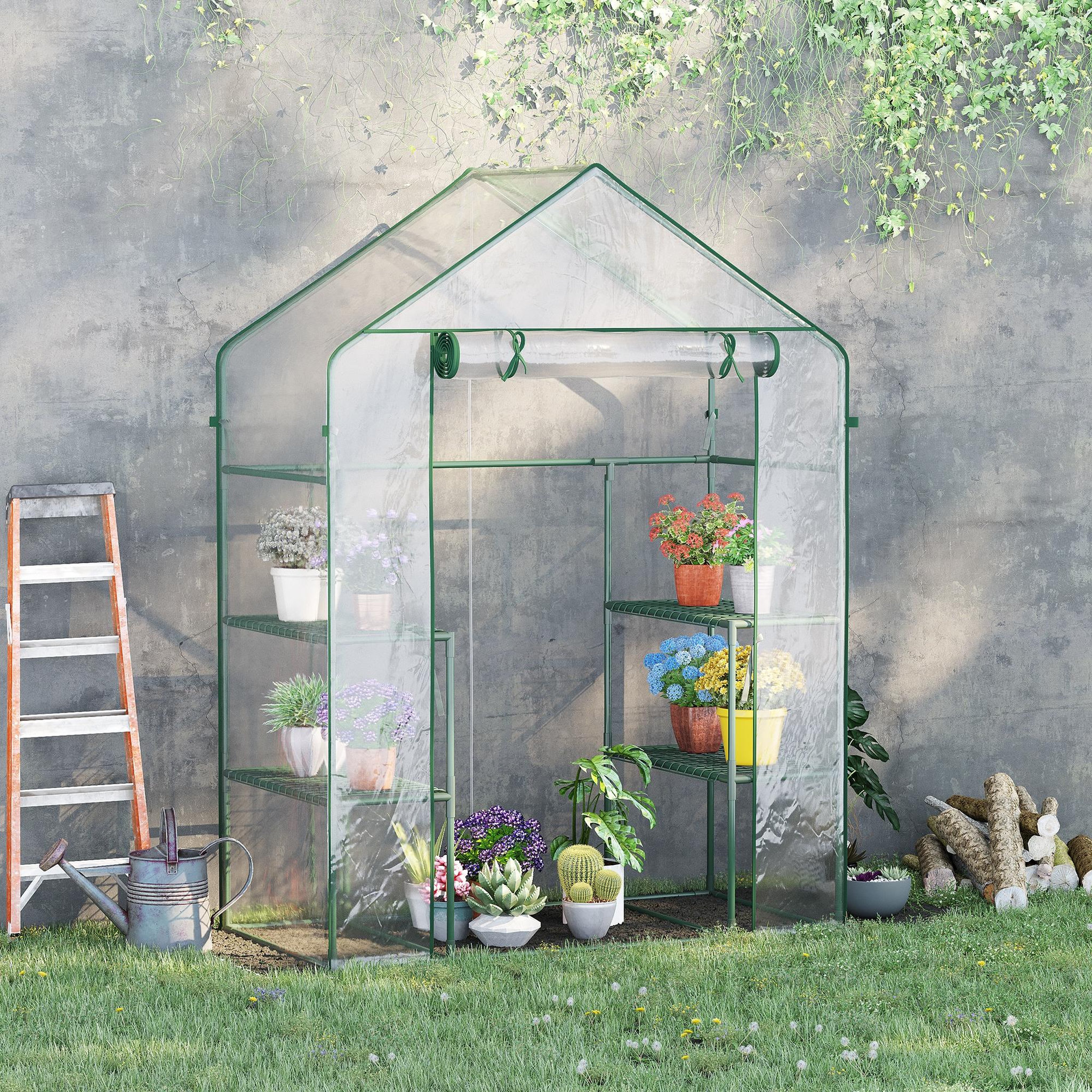 Voir la diapositive 2 : OUTSUNNY Serre de jardin 6 étagères - dim. 142l x 73l x 195h cm - porte - acier thermolaqué pvc haute densité anti-uv - transparent vert