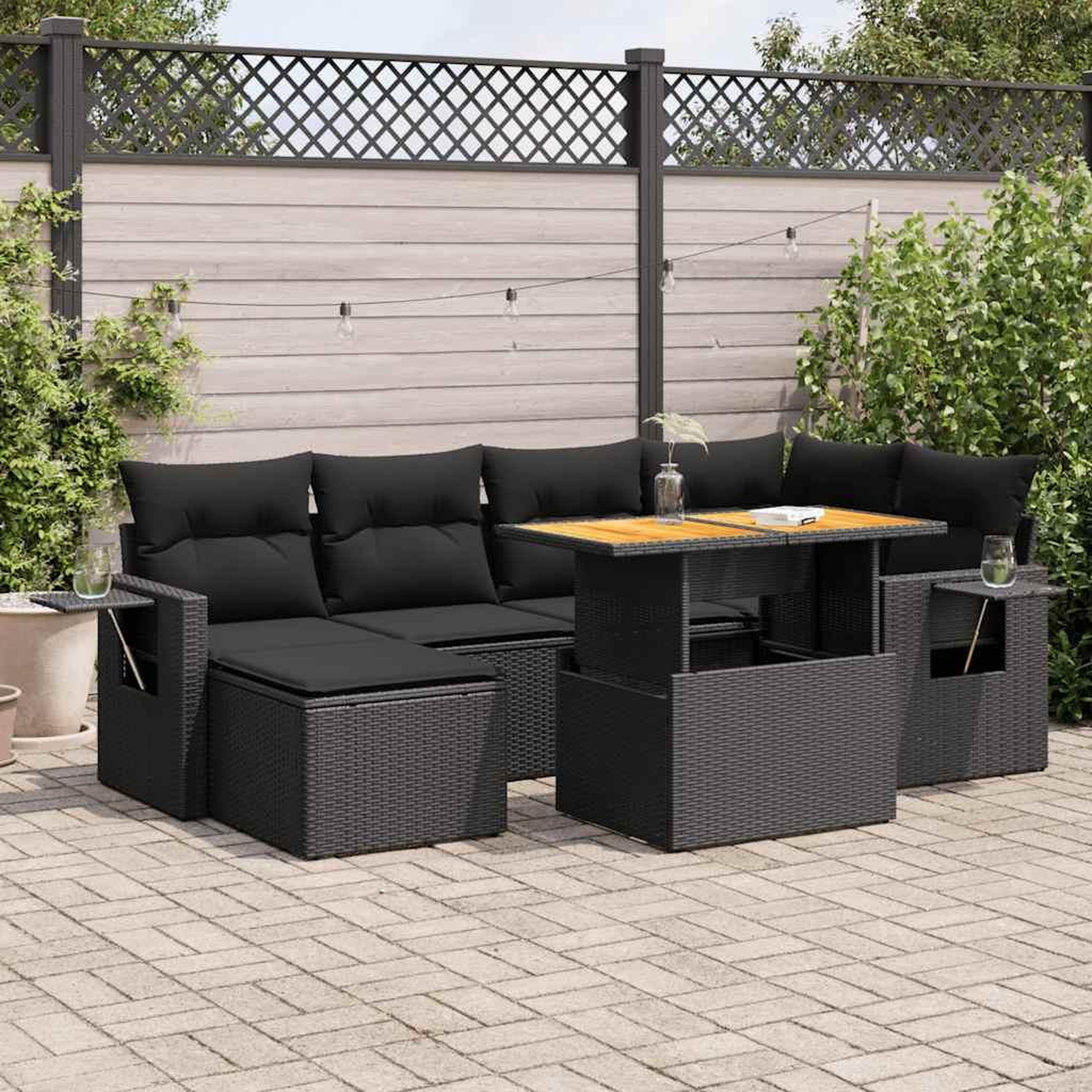 VIDAXL Salon de jardin 7 pcs avec coussins noir resine tressee