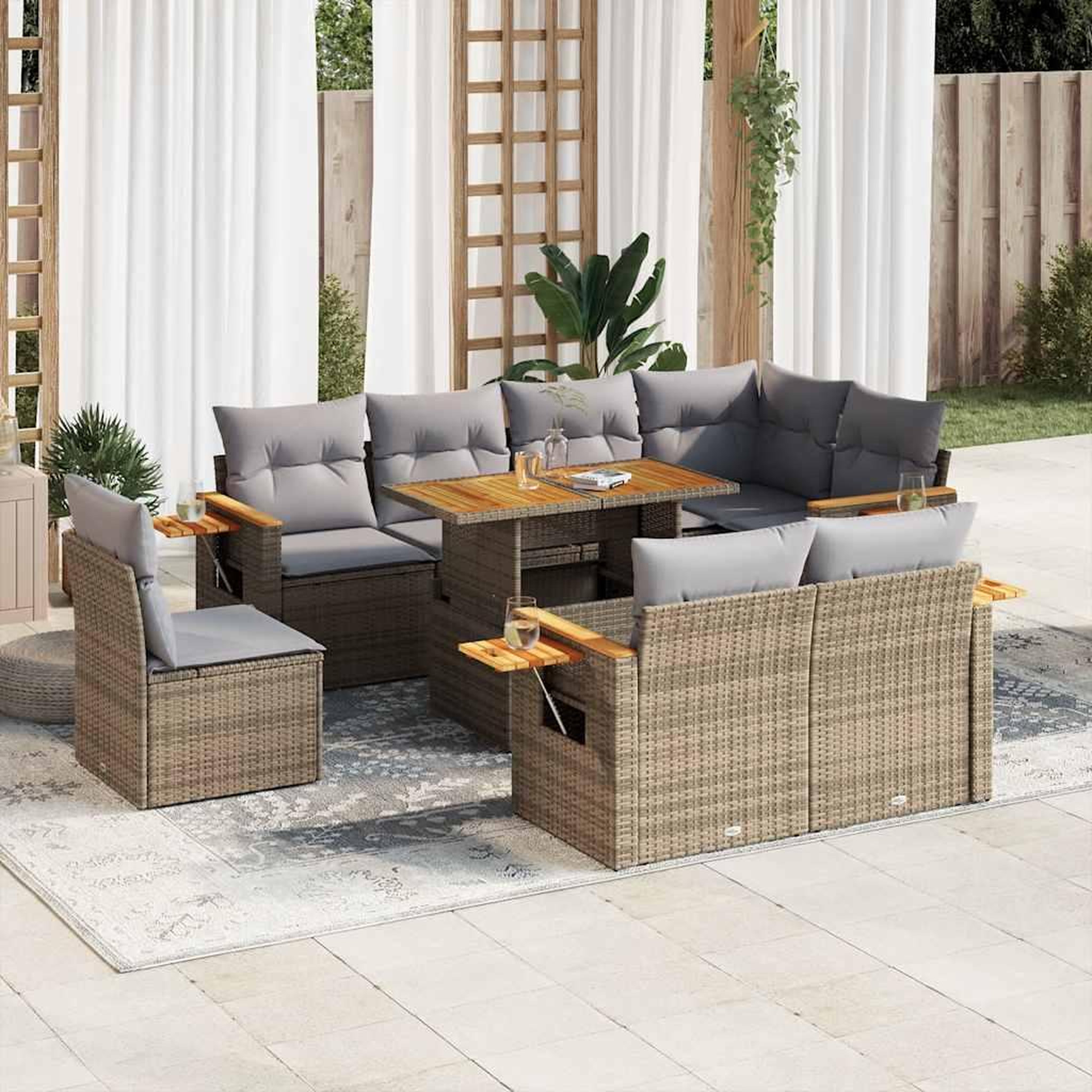 VIDAXL Salon de jardin avec coussins 9 pcs beige resine tressee acacia