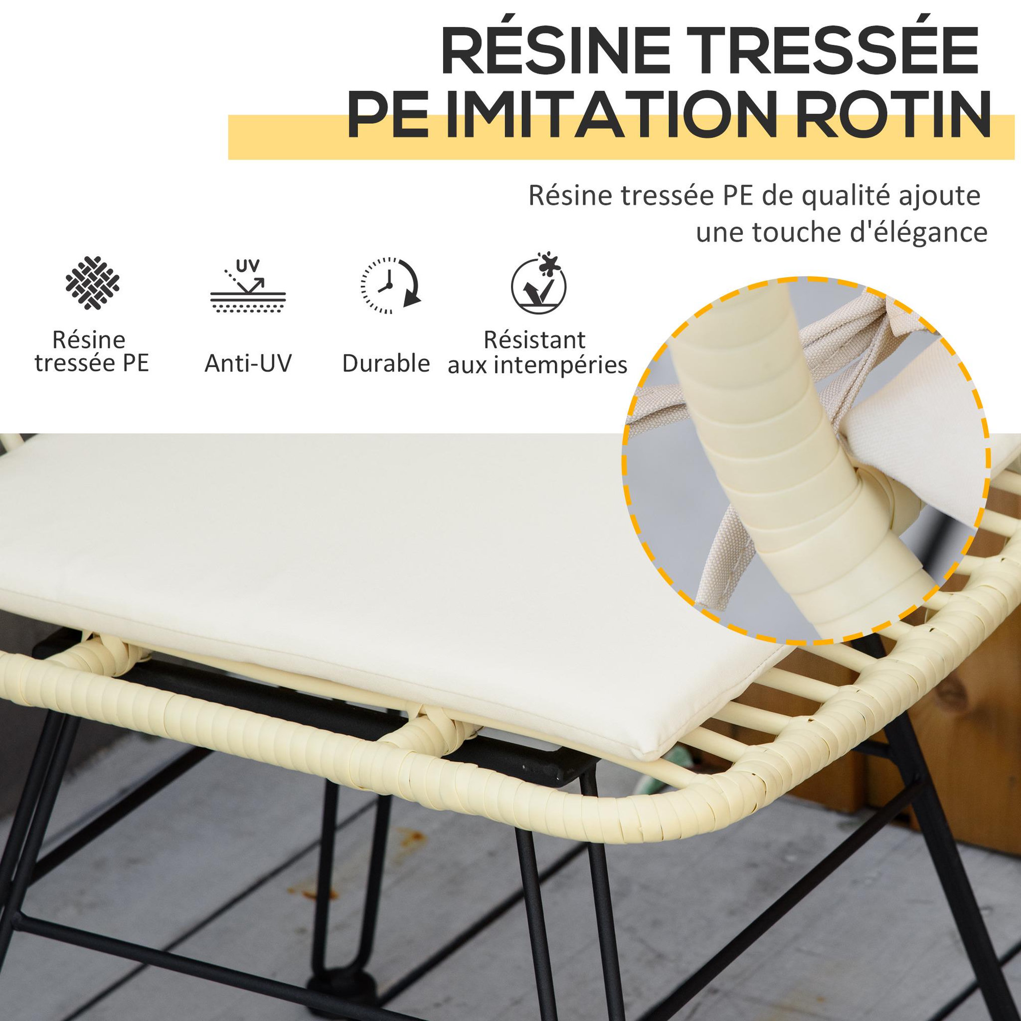 Voir la diapositive 5 : OUTSUNNY Ensemble bistro de jardin 2 places 3 pièces style exotique 2 chaises + table basse ronde métal époxy noir résine tressée beige