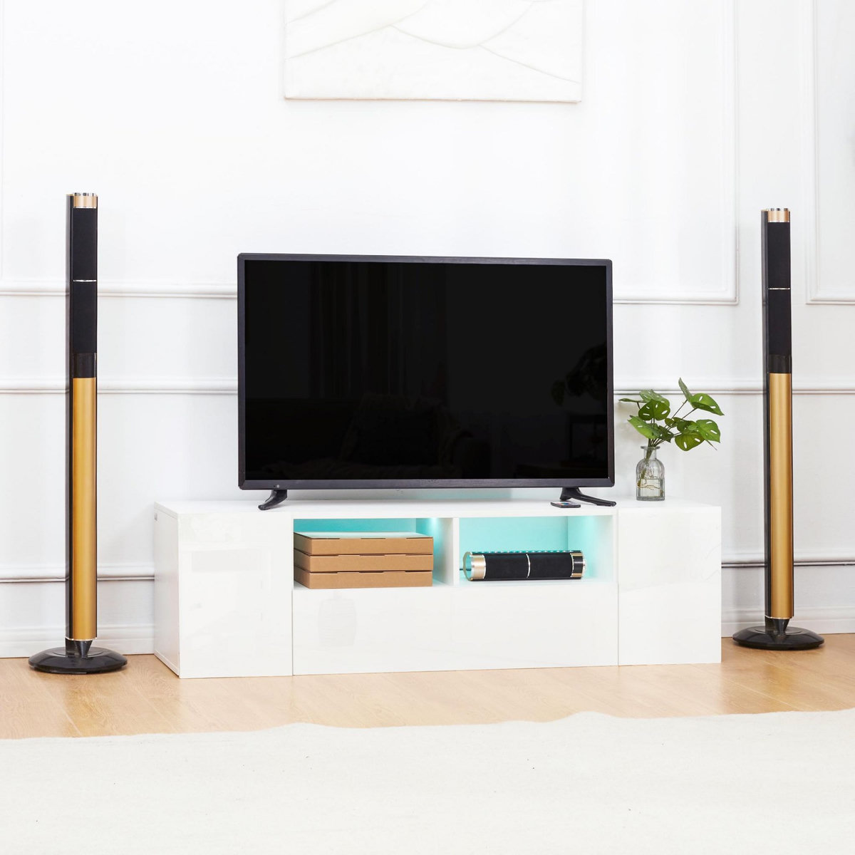 HOMCOM Meuble TV banc TV LED 2 étagères placards blanc laqué