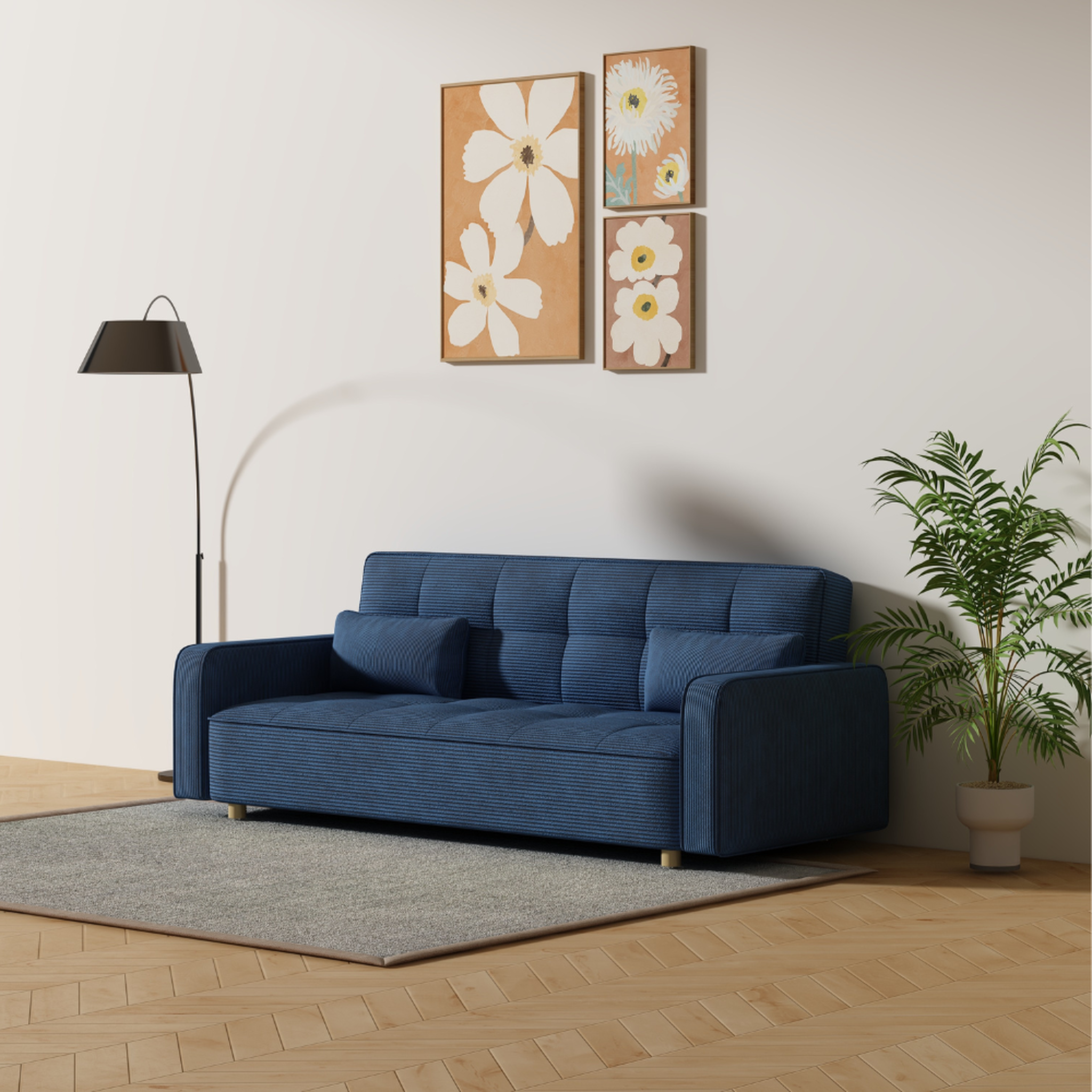 Voir la diapositive 4 : CONCEPT USINE Canapé scandinave convertible 3 places en velours côtelé bleu copenhague