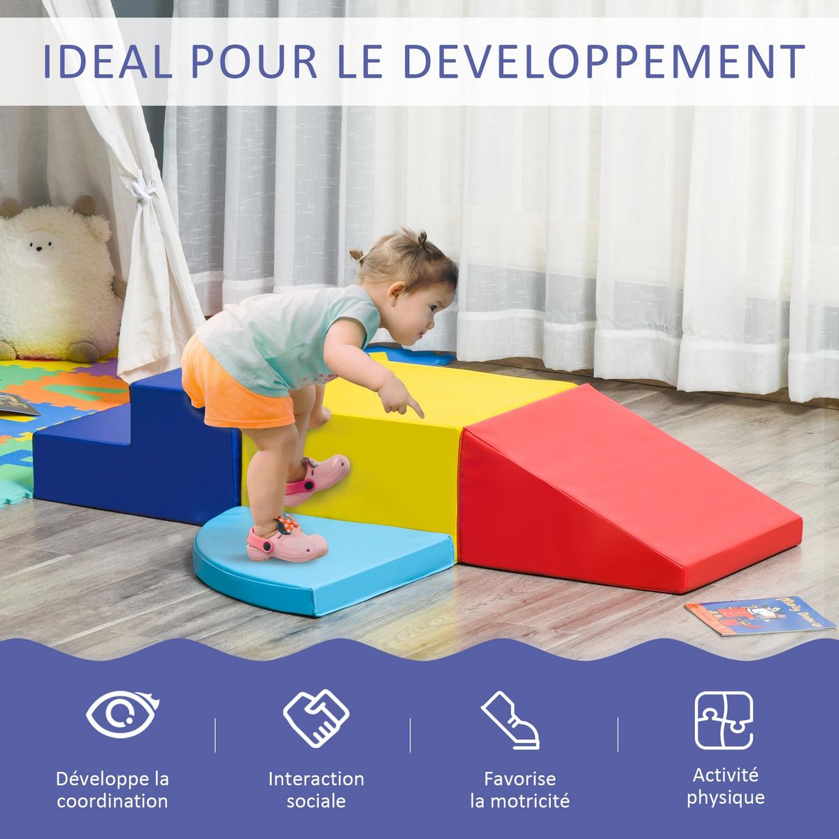 HOMCOM 4 blocs de construction en mousse XL - modules de motricité - jouets éducatifs - certifiés normes EN71-1-2-3 - mousse EPE revêtement PU bleu rouge jaune