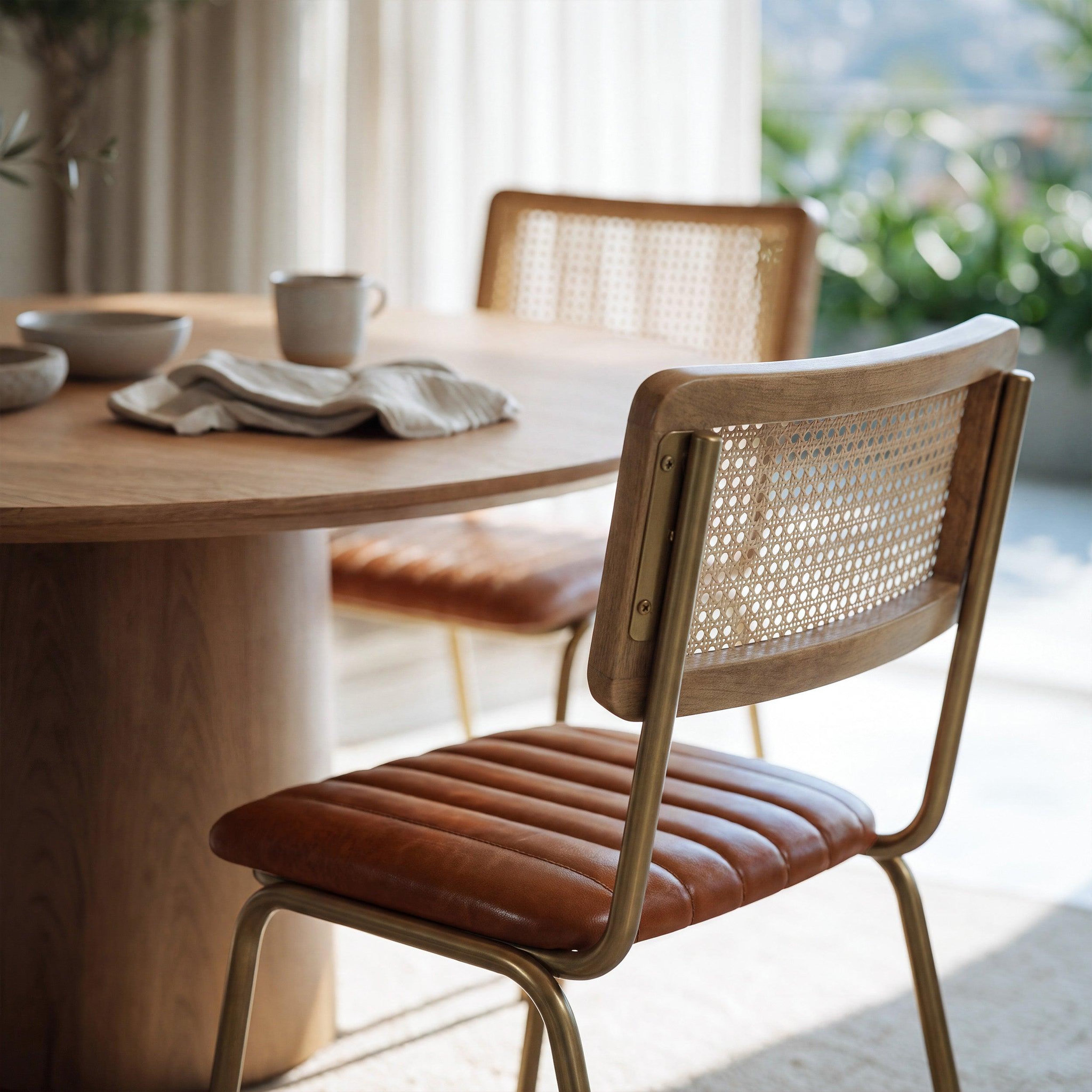 Voir la diapositive 6 : MAISON PAVANE Lot de 2 chaises en cannage et cuir marron-Arsène