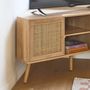 Voir la diapositive 4 : SWEEEK Meuble TV d'angle en décor bois et cannage. 2 portes. 1 étagère. 115cm