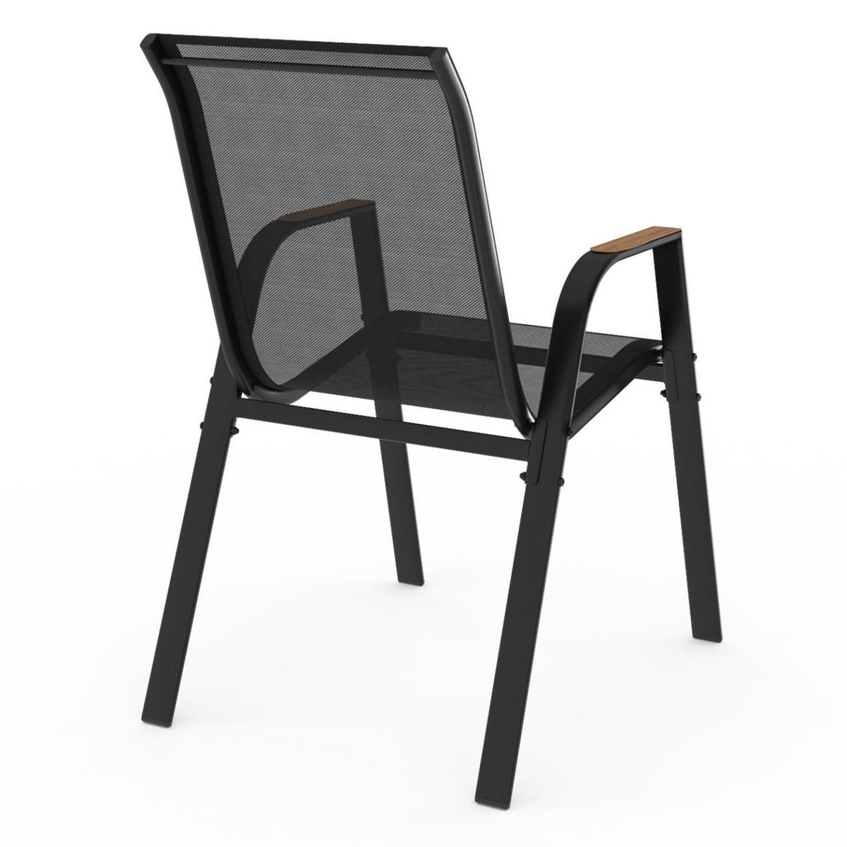 ID MARKET Lot de 4 chaises de jardin NOUMEA métal et textilène empilables noir et bois