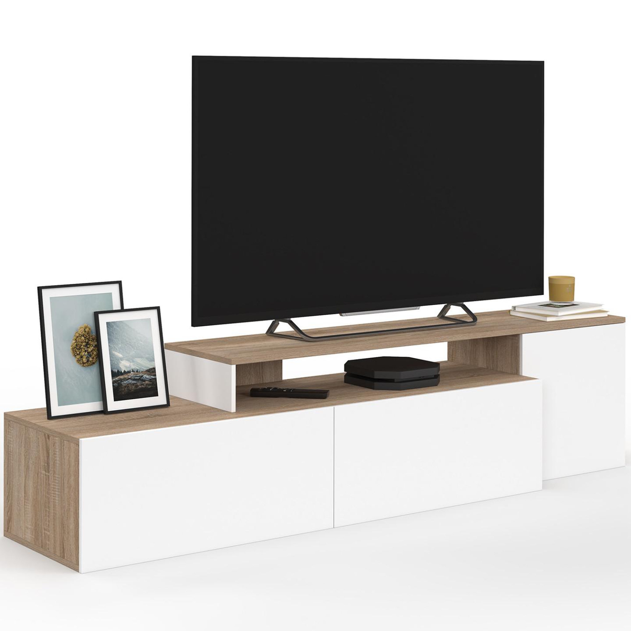 Voir la diapositive 3 : ID MARKET Meuble tv 140-180 cm modulable d'angle basile rotatif bois et blanc
