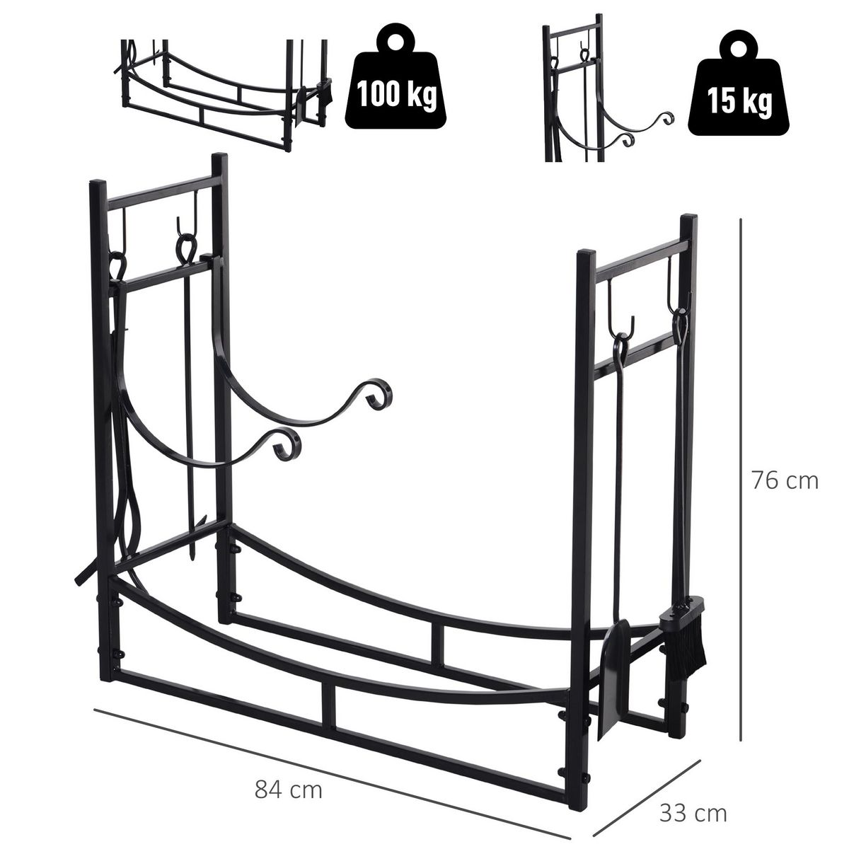 OUTSUNNY Serviteur de cheminée - porte bûches - range bûches multi accessoires étagère bûche et petit bois métal noir