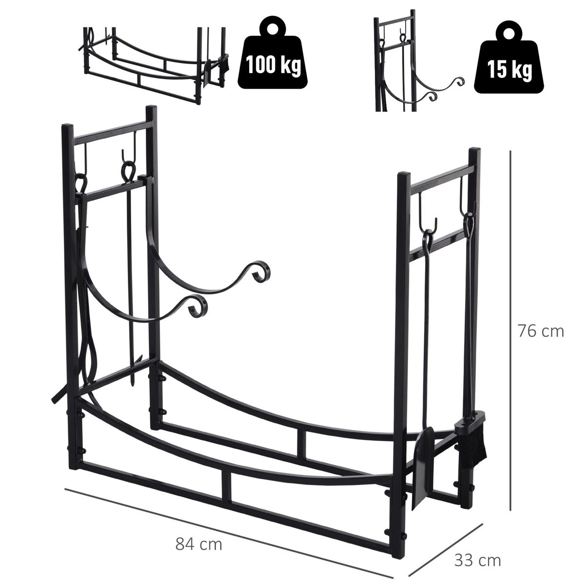 OUTSUNNY Serviteur de cheminée - porte bûches - range bûches multi accessoires étagère bûche et petit bois métal noir