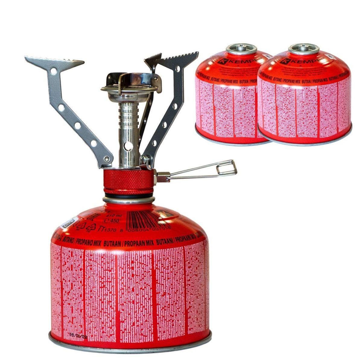 Kemper Réchaud gaz portable 4.5 kW + 2 cartouches gaz 230gr - Brûleur randonnée anti-vent Pliable Léger Camping Haute montagne KEMPER