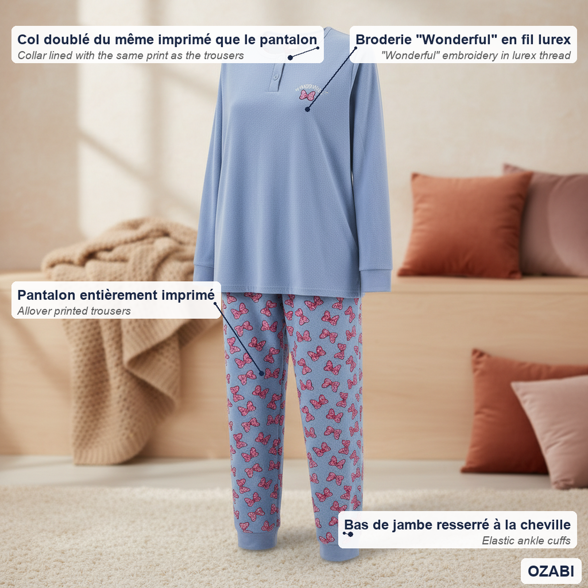 Voir la diapositive 5 : OZABI Ozabi ensemble pyjama femme coton doublé polaire broderie lurex
