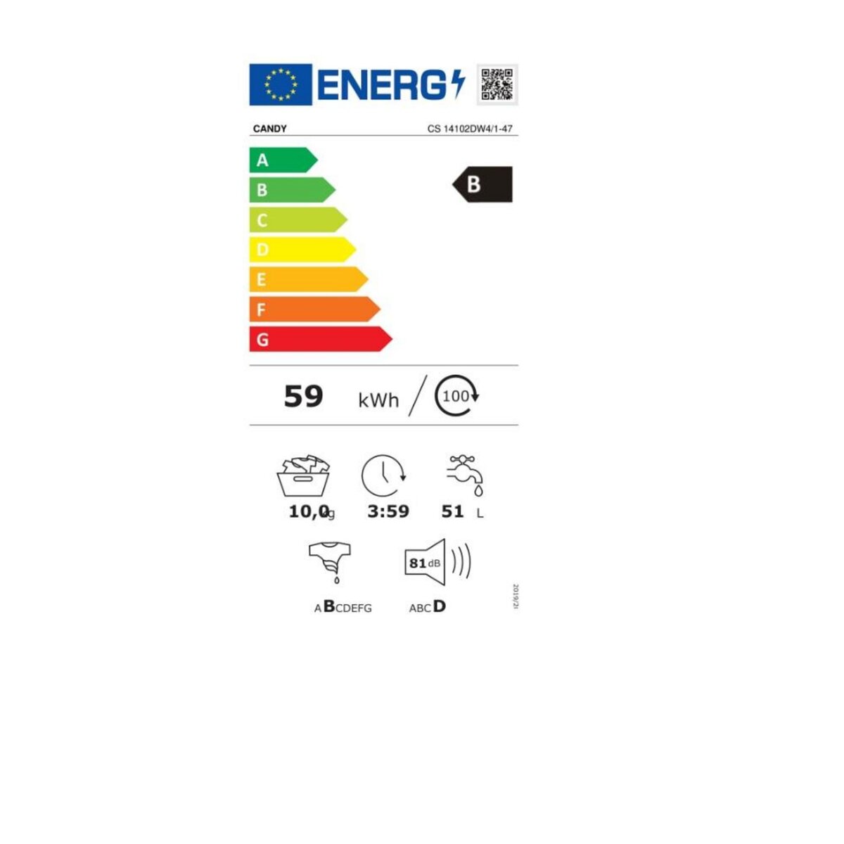 Candy Lave-linge frontal 10 kg 1400 tours/min - CS4102DW4/1-47