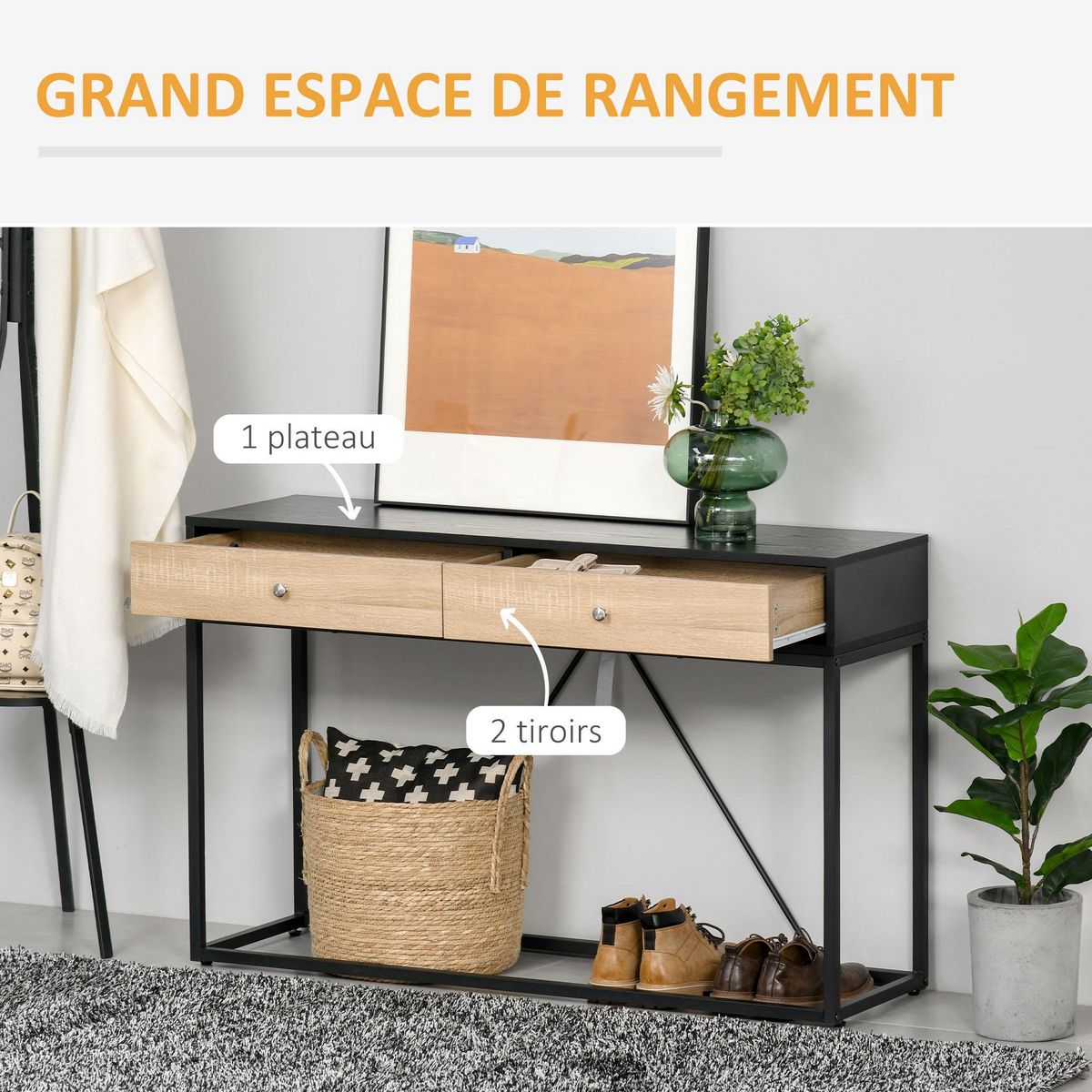 HOMCOM Table console moderne 2 tiroirs métal et panneau de particules dim. 120 x 35 x 75 cm