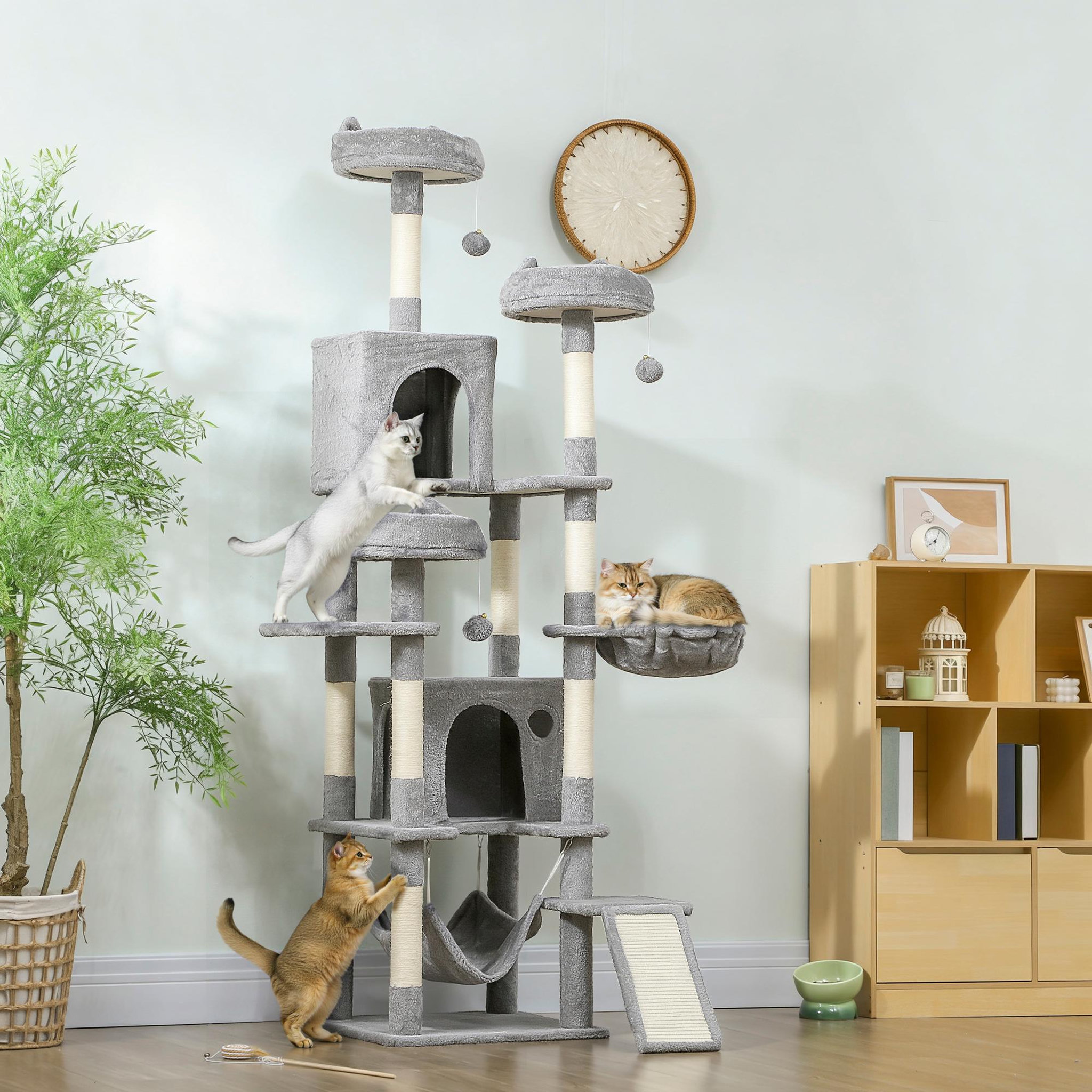 Voir la diapositive 2 : PAWHUT Arbre à chat design xxl gris clair multi-activités - zones de repos, griffoirs, grattoir - h.192 cm