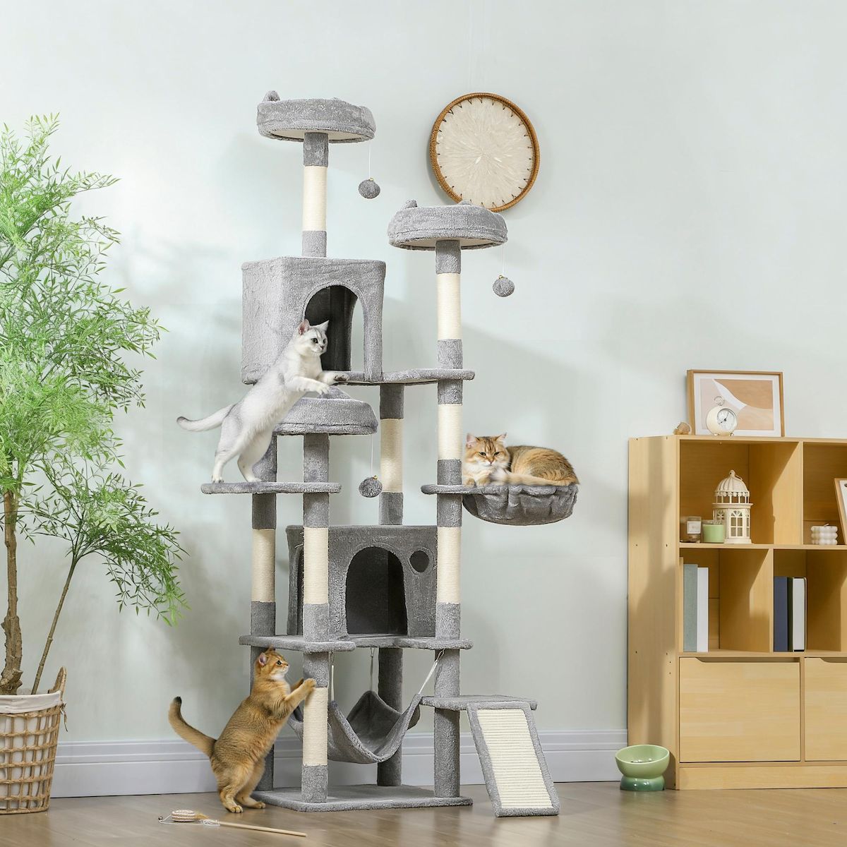 PAWHUT Arbre à chat design XXL gris clair multi-activités - zones de repos, griffoirs, grattoir - H.192 cm