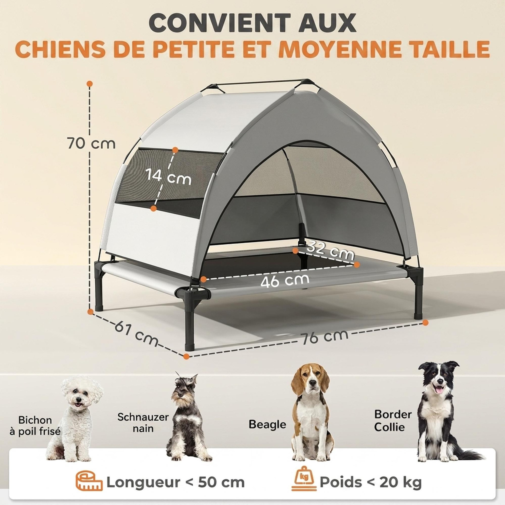 Voir la diapositive 3 : PAWHUT Lit pour chien sur pieds taille M avec auvent gris