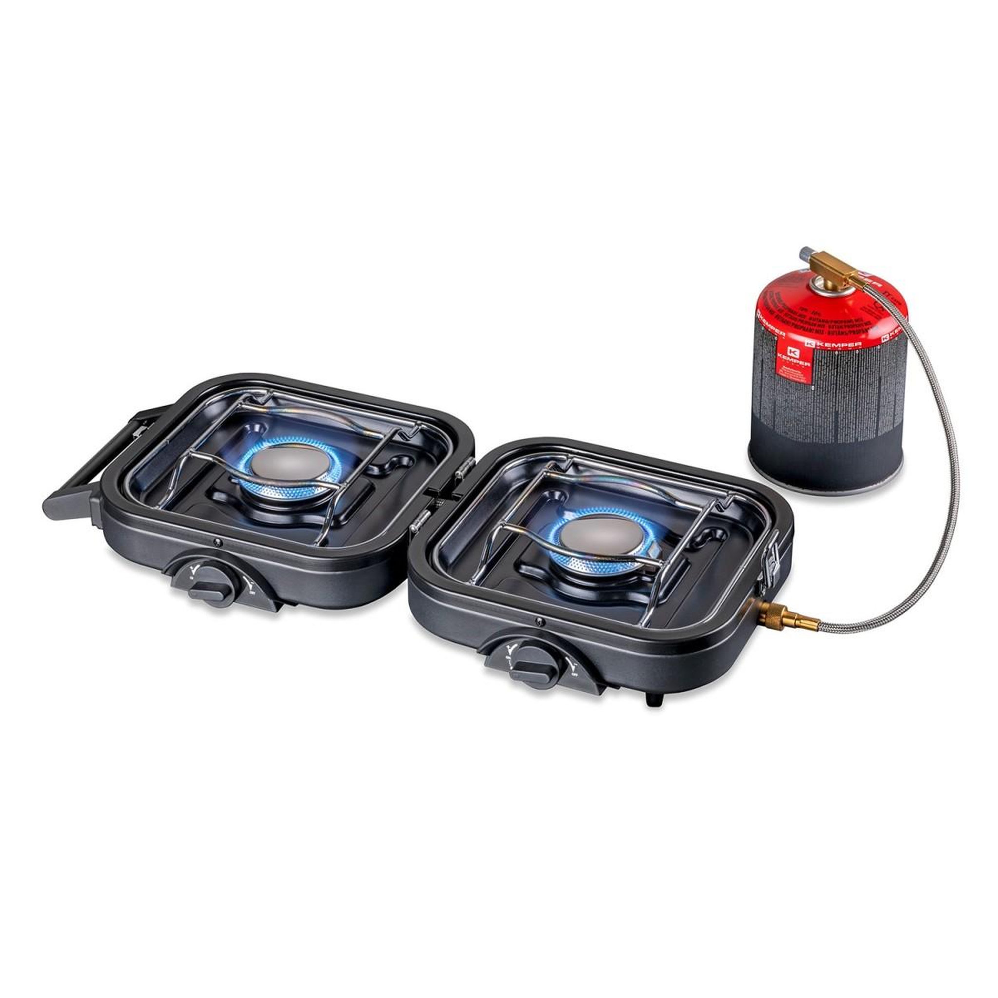 Voir la diapositive 6 : Kemper Réchaud gaz 2 feux 4600w pliable + 4 cartouches de gaz kemper