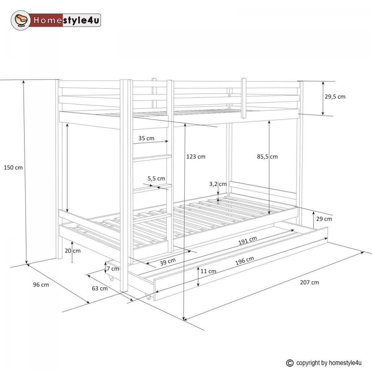HomeStyle4U Lits superposés simple blancs 90x200cm avec tiroir de rangement