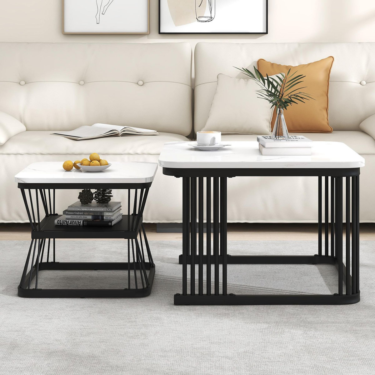 MERAX Table basse gigogne rectangulaire blanc+noir - 65x65 cm mdf