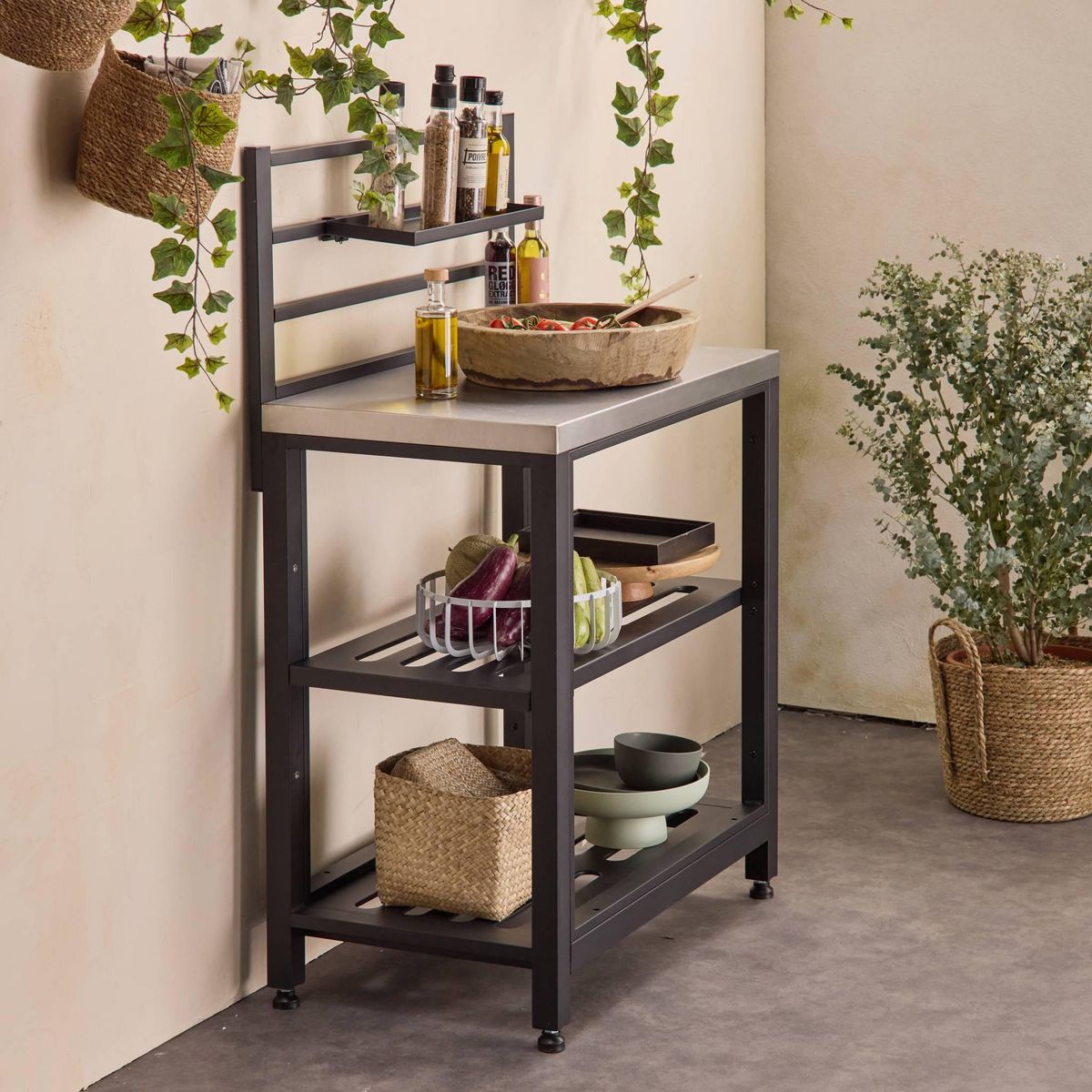 SWEEEK Cuisine extérieure en acier L80cm avec 2 étagères de rangement