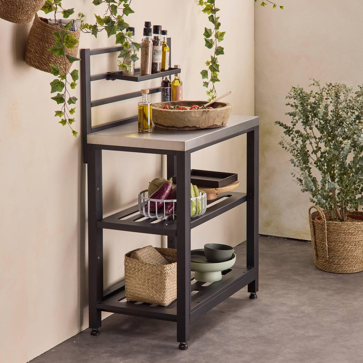 SWEEEK Cuisine extérieure en acier L80cm avec 2 étagères de rangement