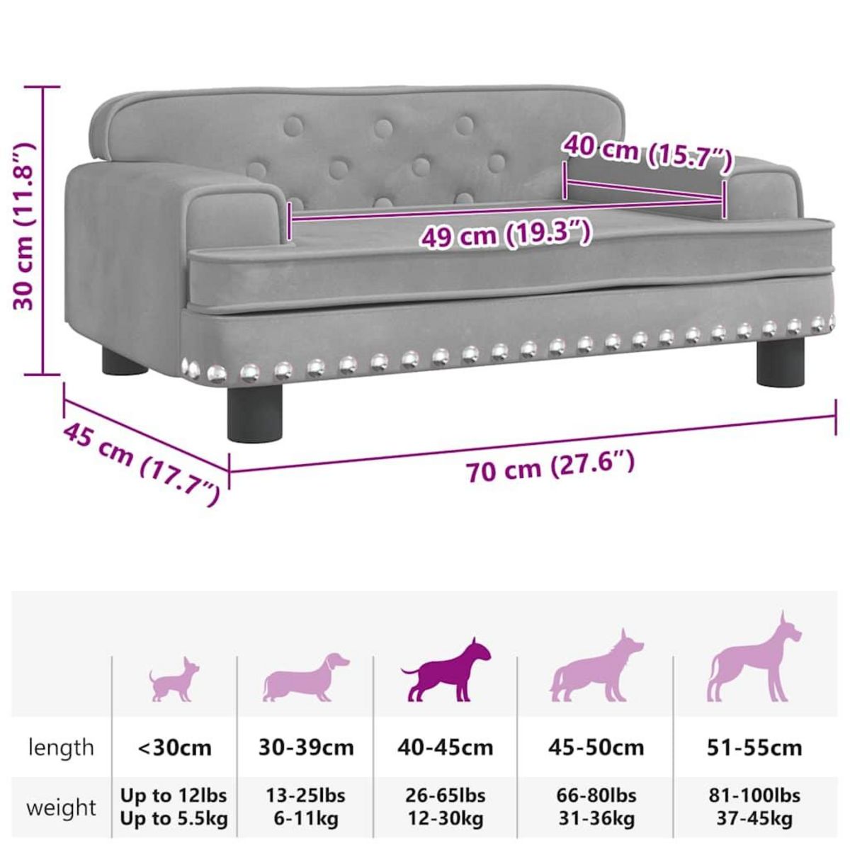 VIDAXL Lit pour chien gris clair 70x45x30 cm velours
