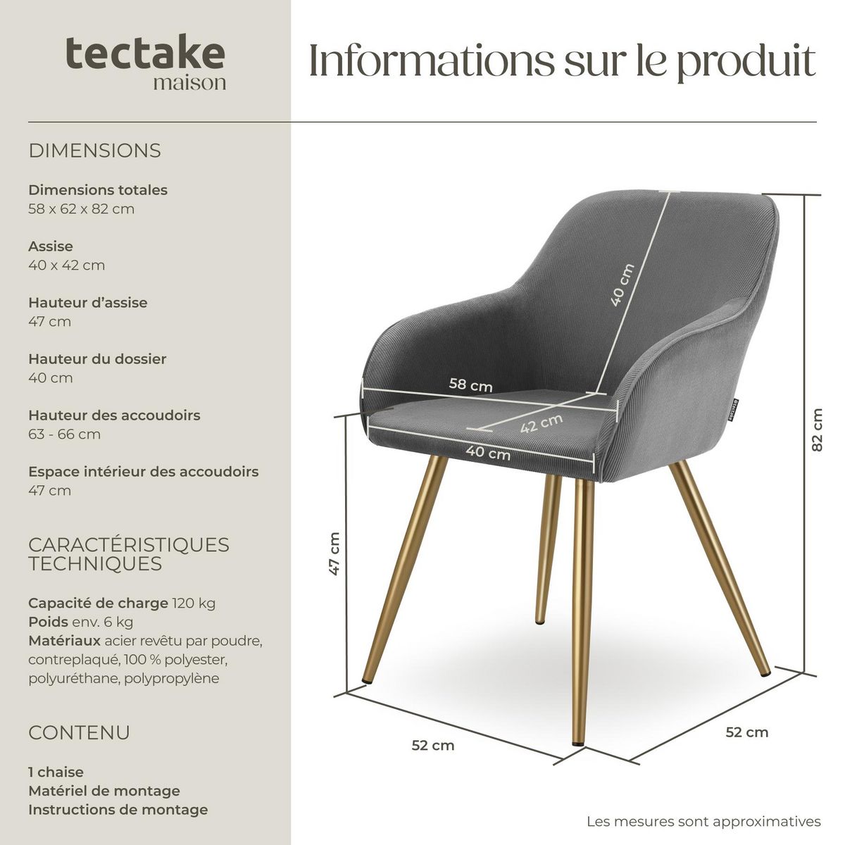 tectake Chaise de salle à manger rembourrée en velours côtelé gris/jaune or