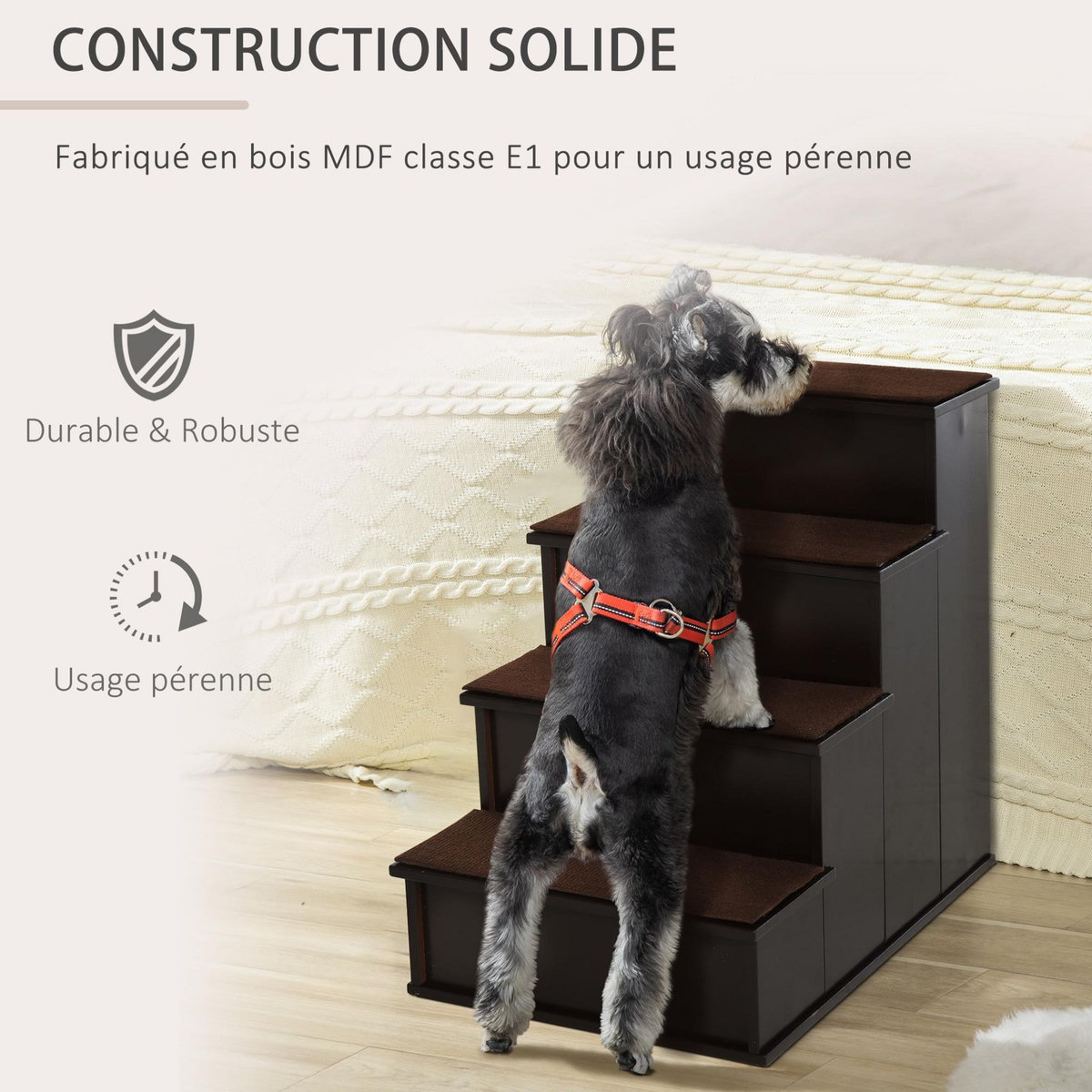 PAWHUT Escalier pour chien animaux rampe 4 marches revêtement tapis amovible antidérapant MDF brun foncé