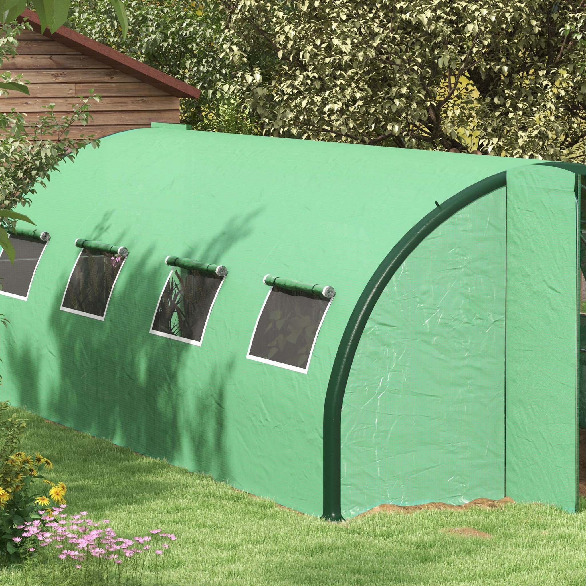 Voir la diapositive 2 : OUTSUNNY Serre de jardin tunnel 18 m² 8 fenêtres 2 portes articulées acier galvanisé PE haute densité vert