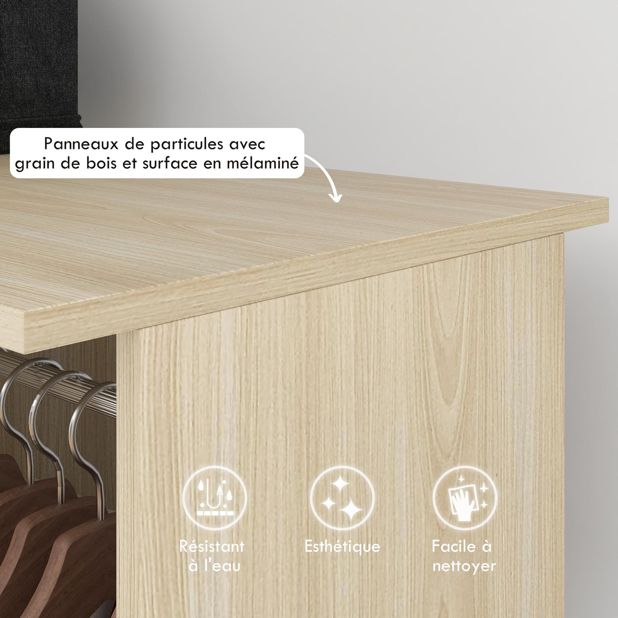 Voir la diapositive 4 : HOMCOM Armoire penderie meuble de rangement mobile 6 roulettes 120L x 40l x 128H cm panneaux de particules aspect bois chêne