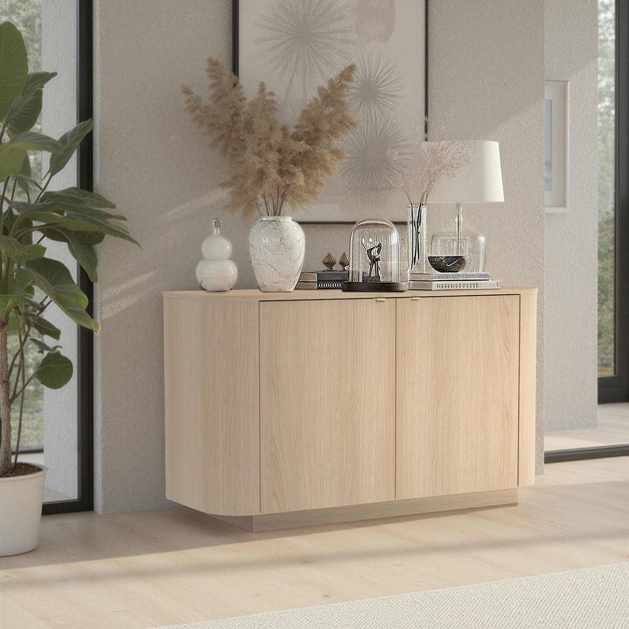 Voir la diapositive 2 : JLC KREATION Buffet bas arrondi 2 portes coloris chêne 130cm tika